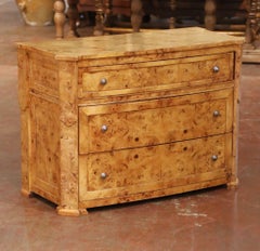 Mid-Century French Charles X Style Burl Elm Three-Drawer Chest Commode