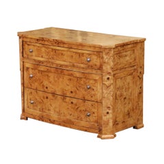 Mid-Century French Charles X Style Burl Elm Three-Drawer Chest Commode