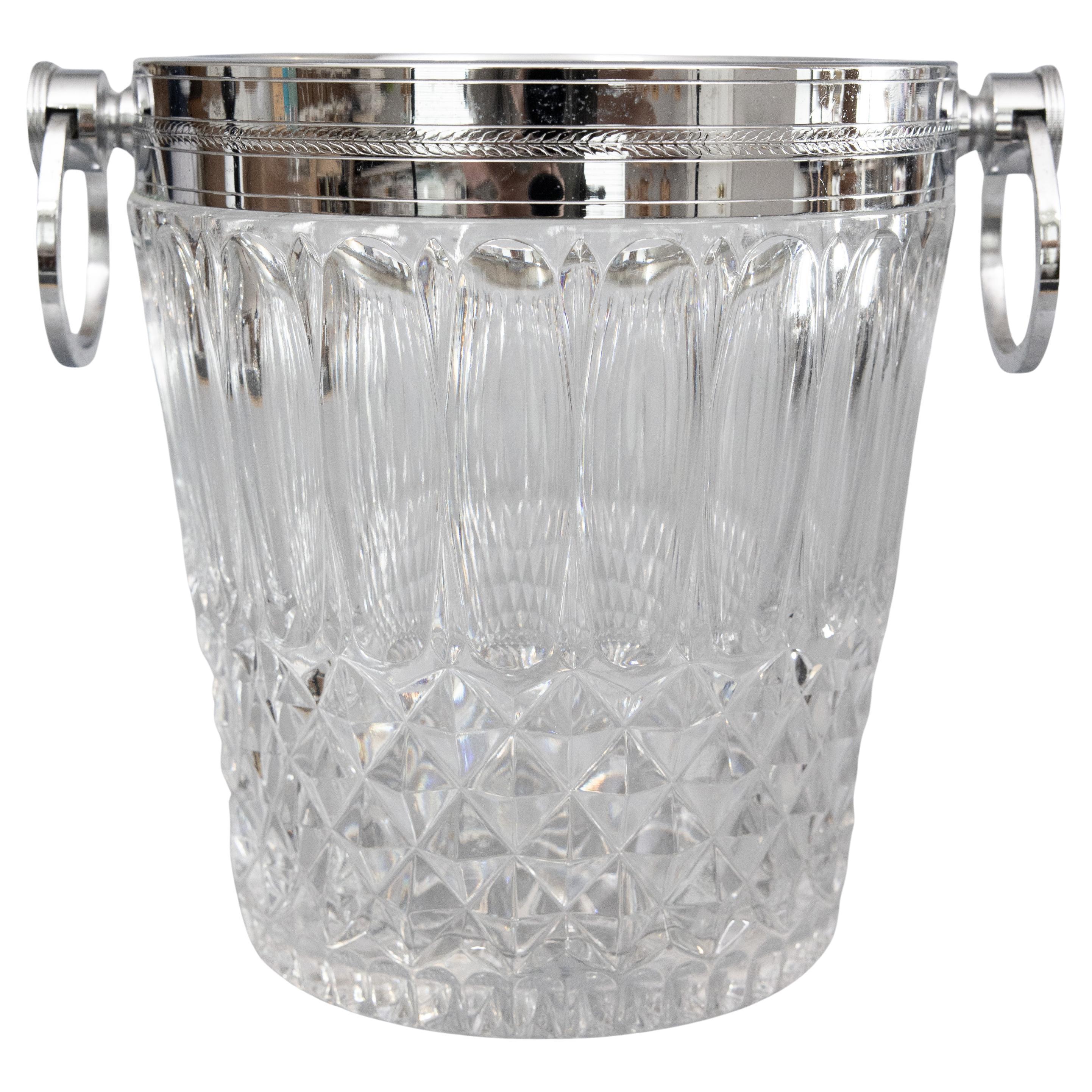 Seau à vin en chrome et cristal taillé de style français du milieu du siècle