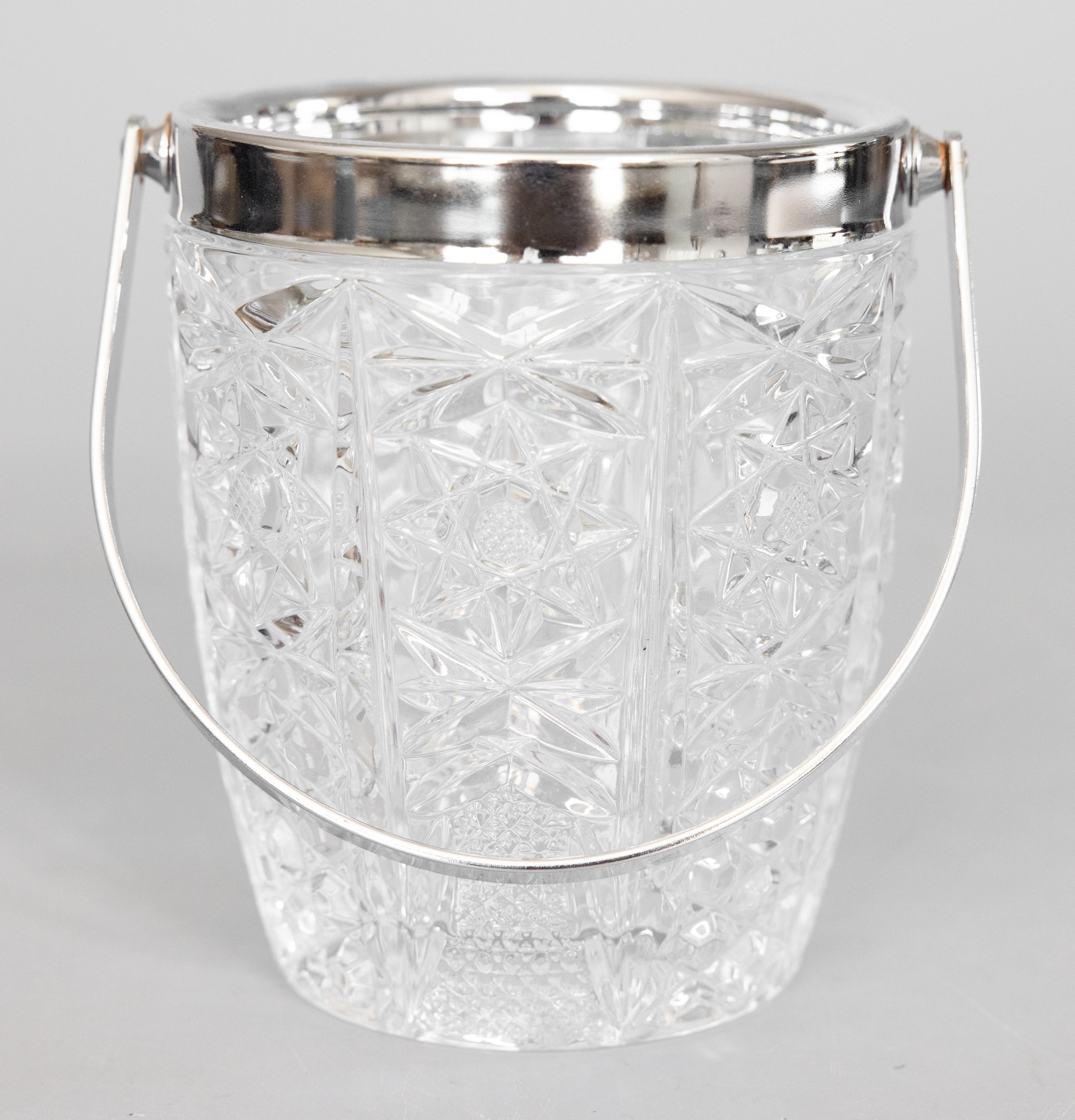 Hollywood Regency Mid Century French Chrome & Cut Glass Ice Bucket With Tongs For Sale