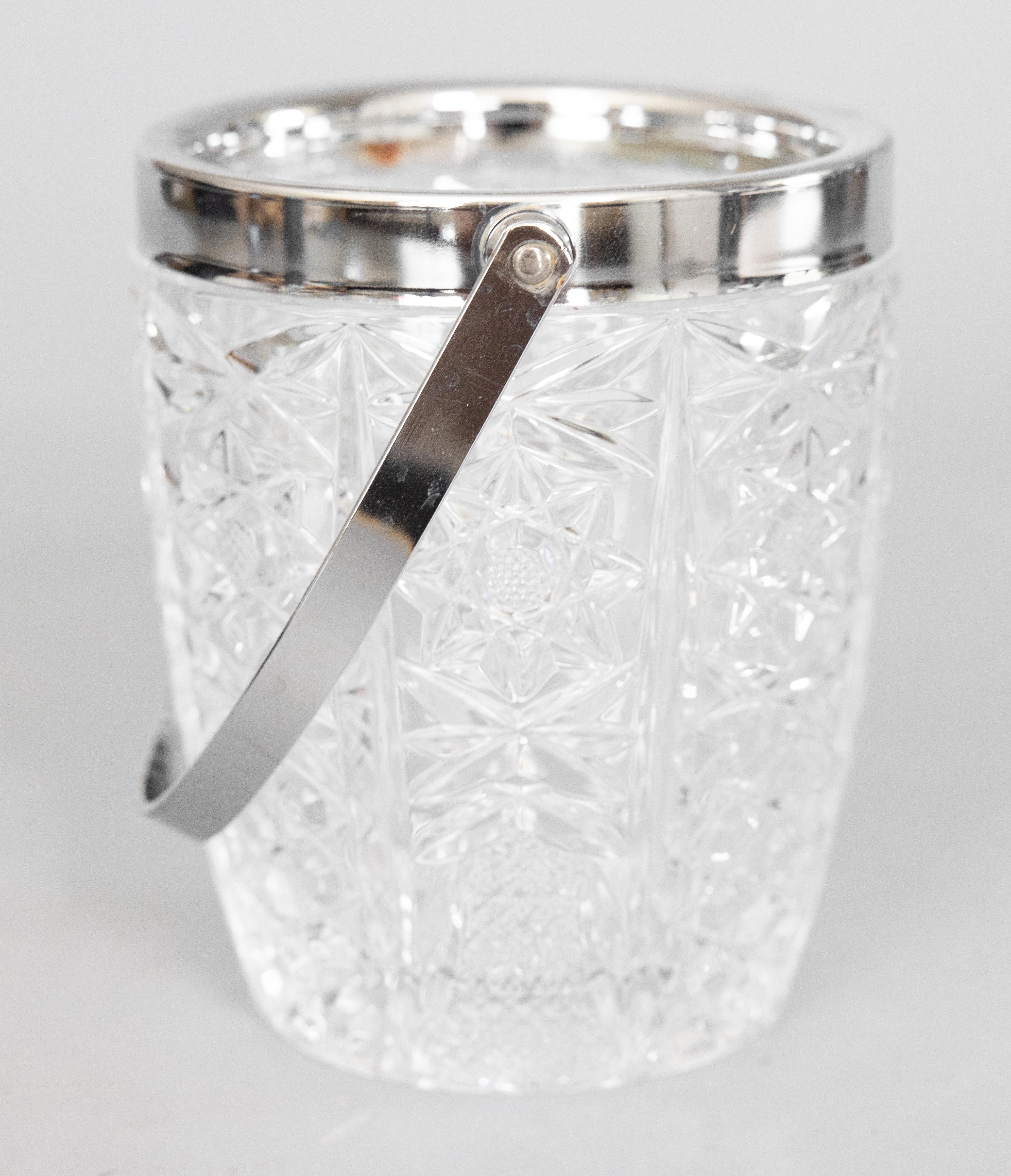 Mid Century French Chrome & Cut Glass Ice Bucket With Tongs In Good Condition For Sale In Pearland, TX