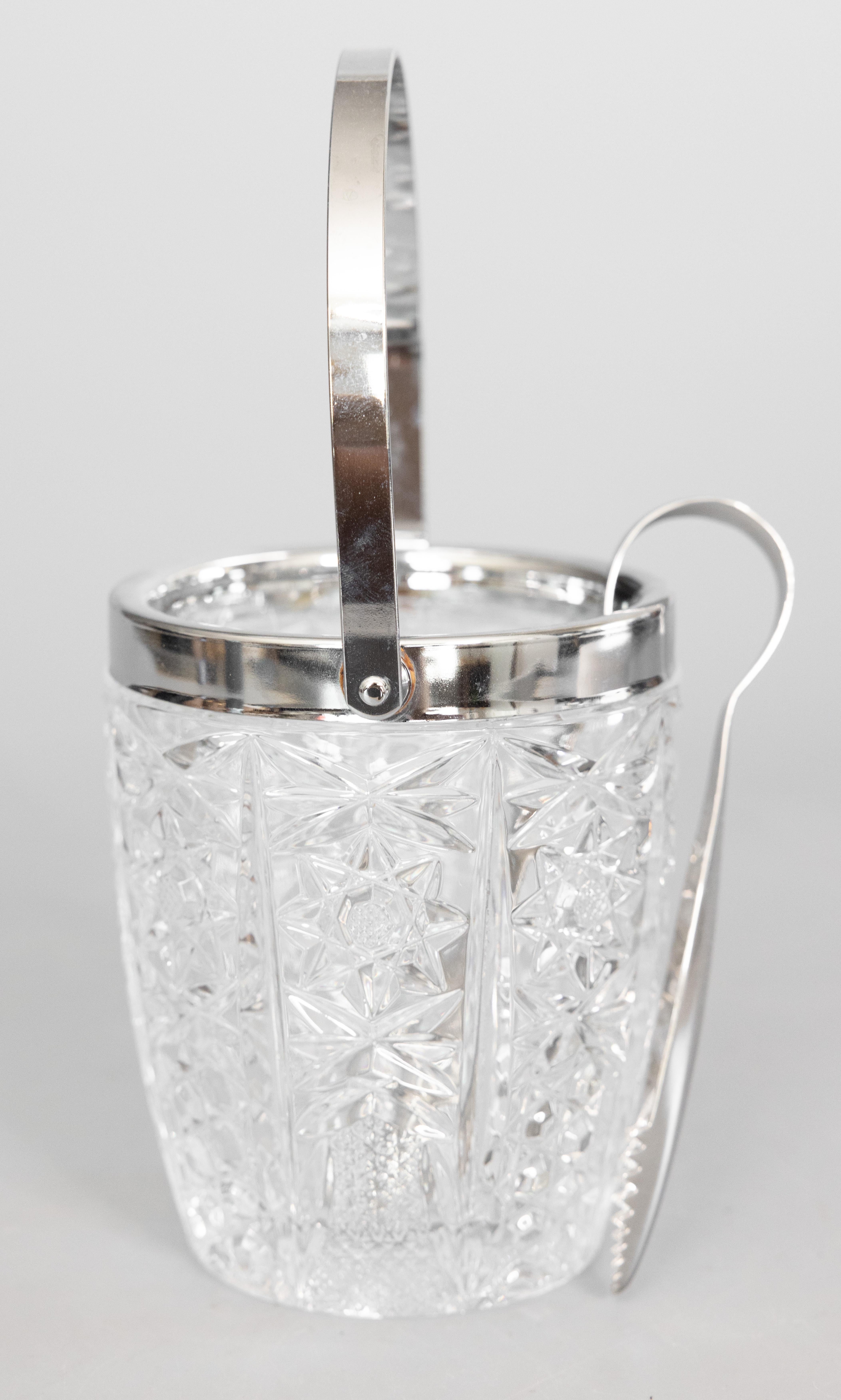 Mid Century French Chrome & Cut Glass Ice Bucket With Tongs For Sale 2