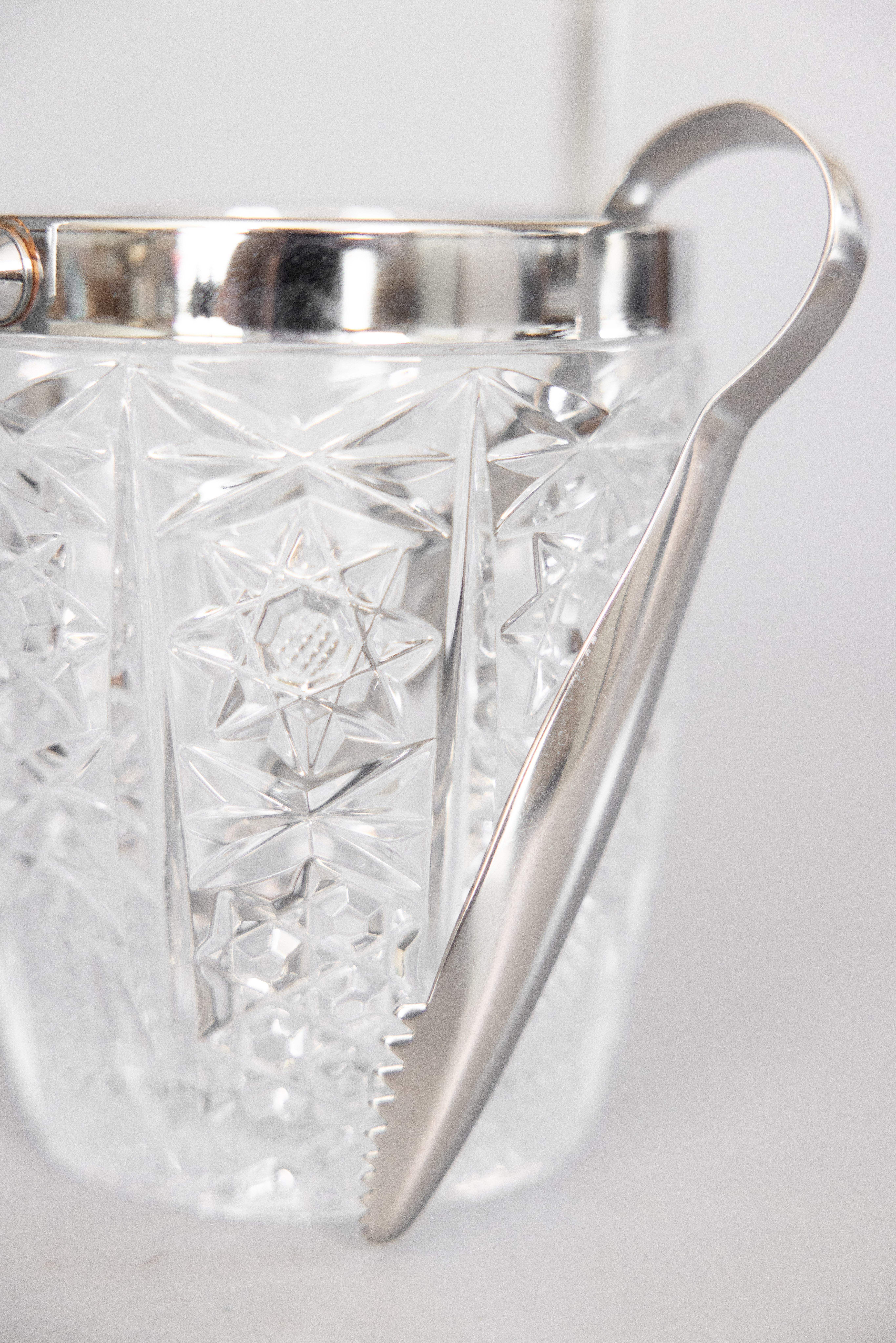 Mid Century French Chrome & Cut Glass Ice Bucket With Tongs For Sale 3