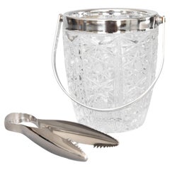 Vintage Mid Century French Chrome & Cut Glass Ice Bucket With Tongs