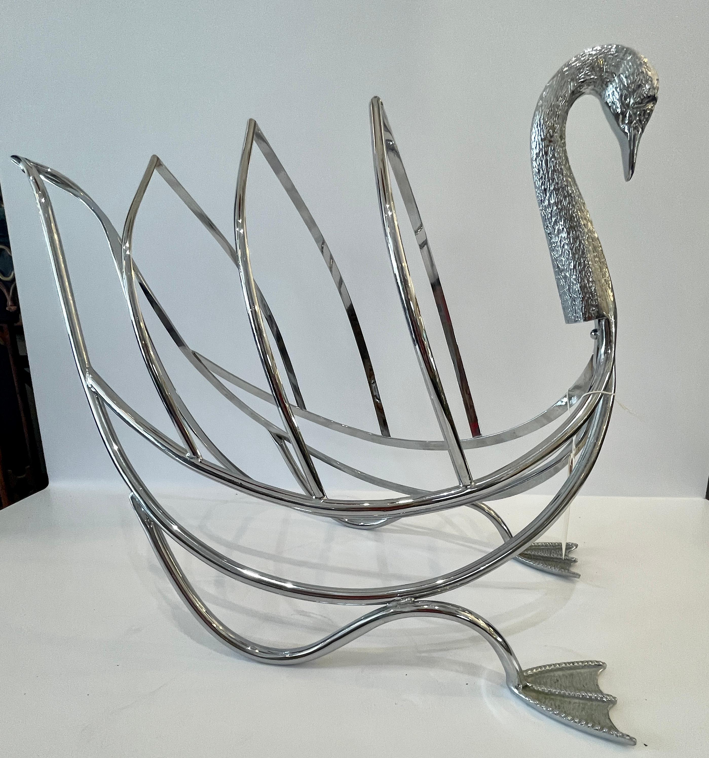 Mid century Chrome Over Brass Swan Magazine Holder after Maison Jansen In Good Condition For Sale In West Palm Beach, FL