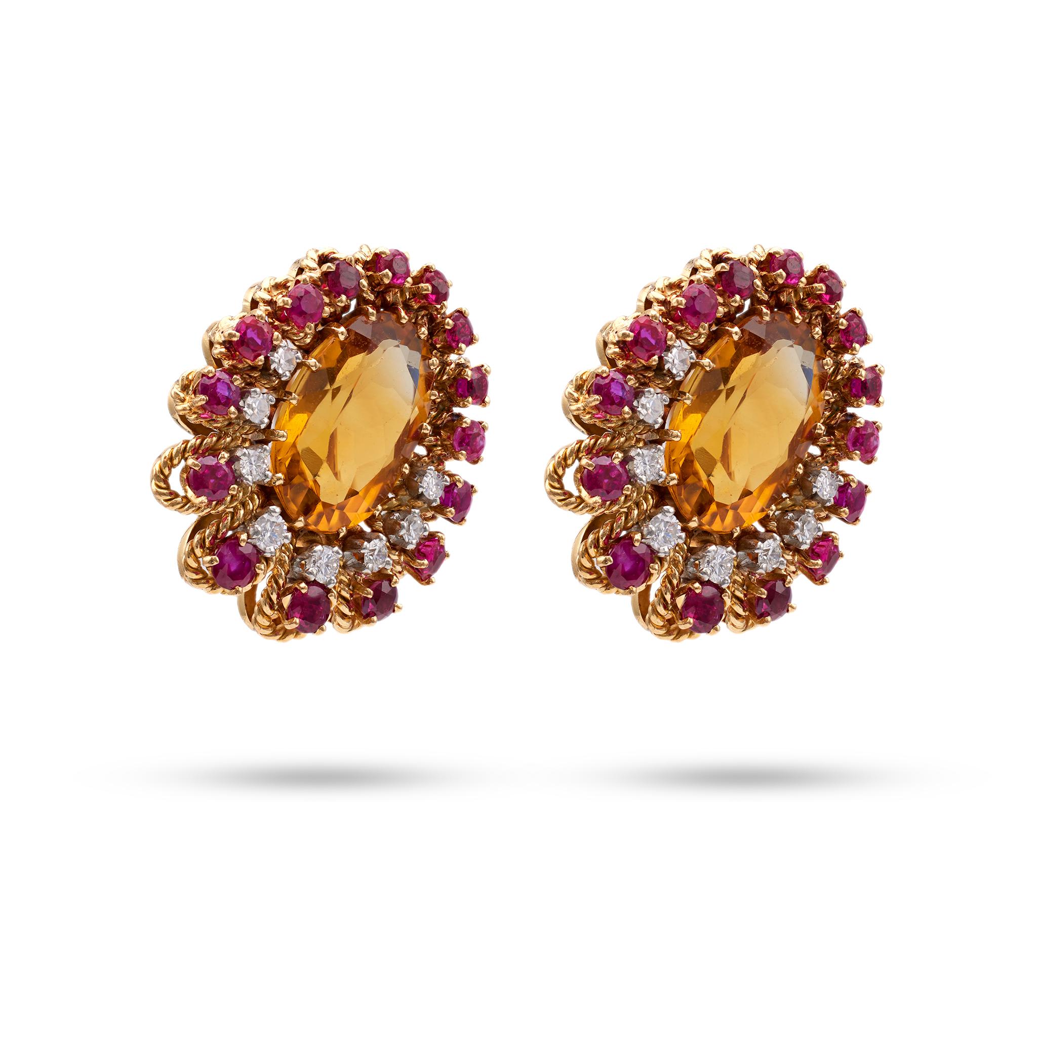 Mid-Century French Citrine Ruby Diamond 18k Yellow Gold Ear Clip On Earrings In Good Condition For Sale In Beverly Hills, CA