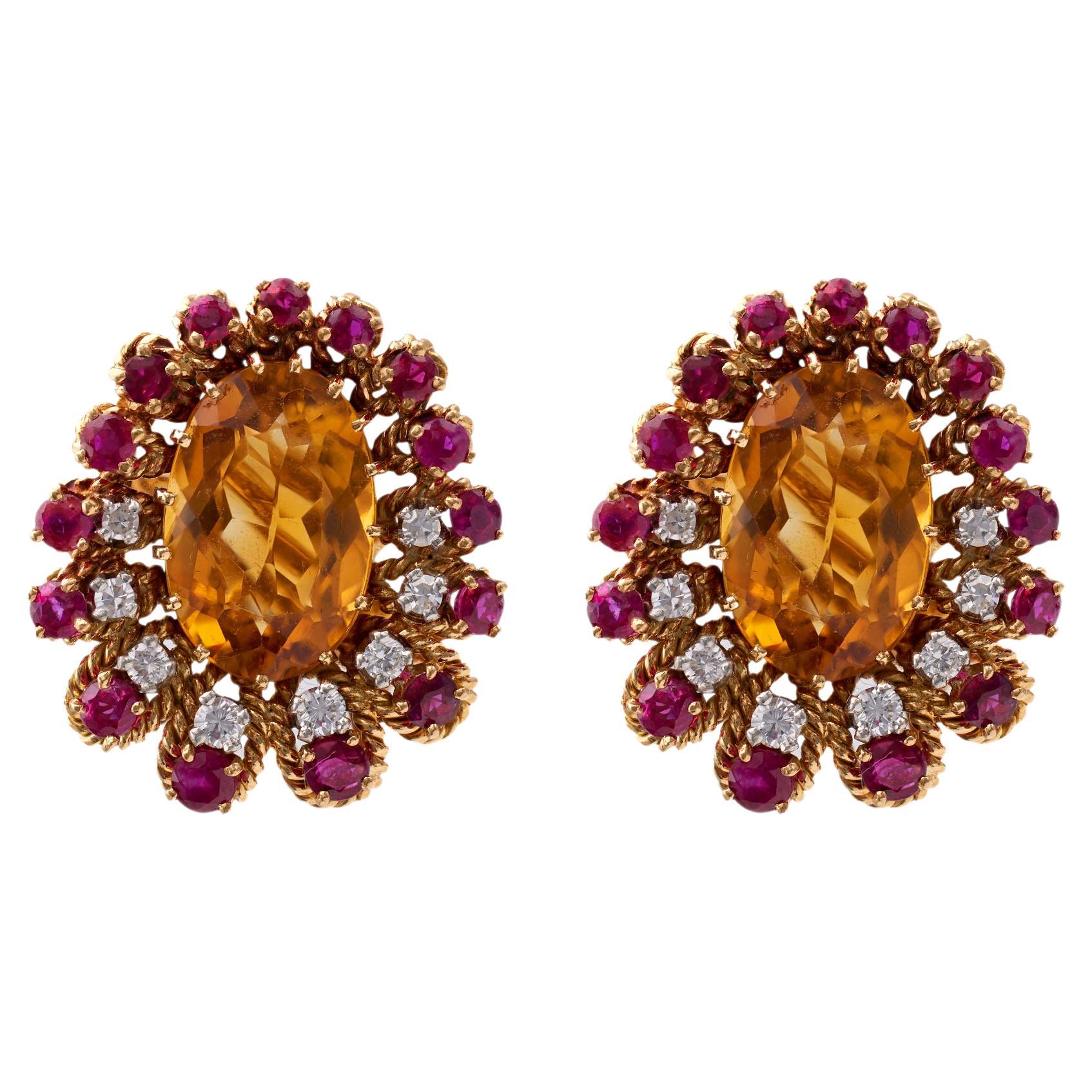 Mid-Century French Citrine Ruby Diamond 18k Yellow Gold Ear Clip On Earrings For Sale