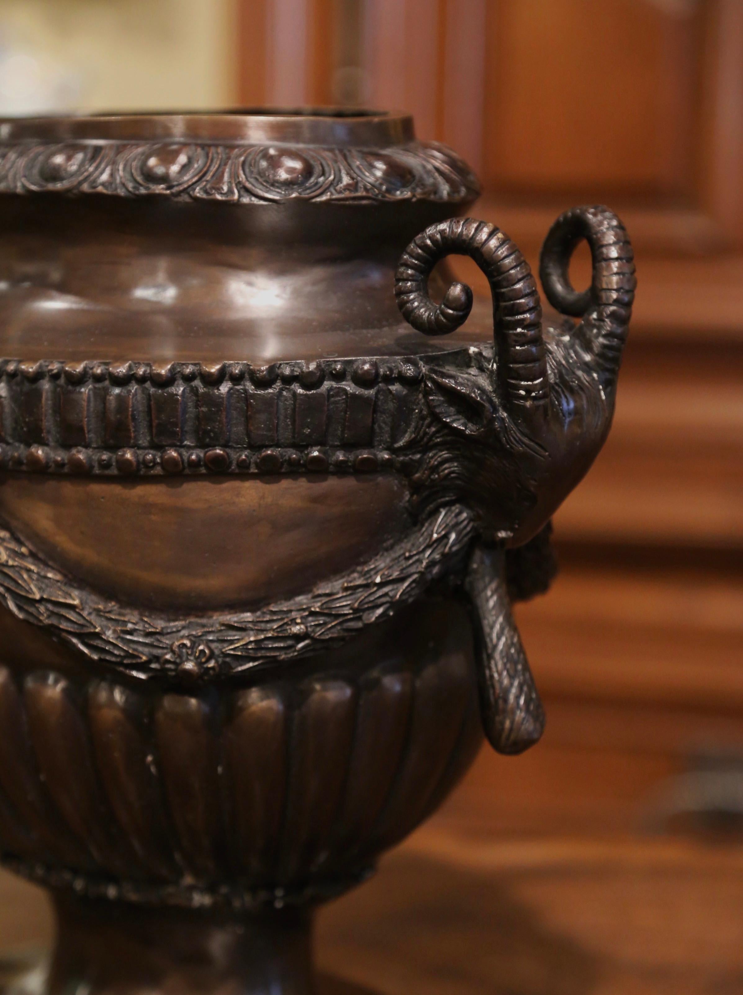 Neoclassical Mid-Century French Classical Patinated Bronze Urn with Ram Head Handles