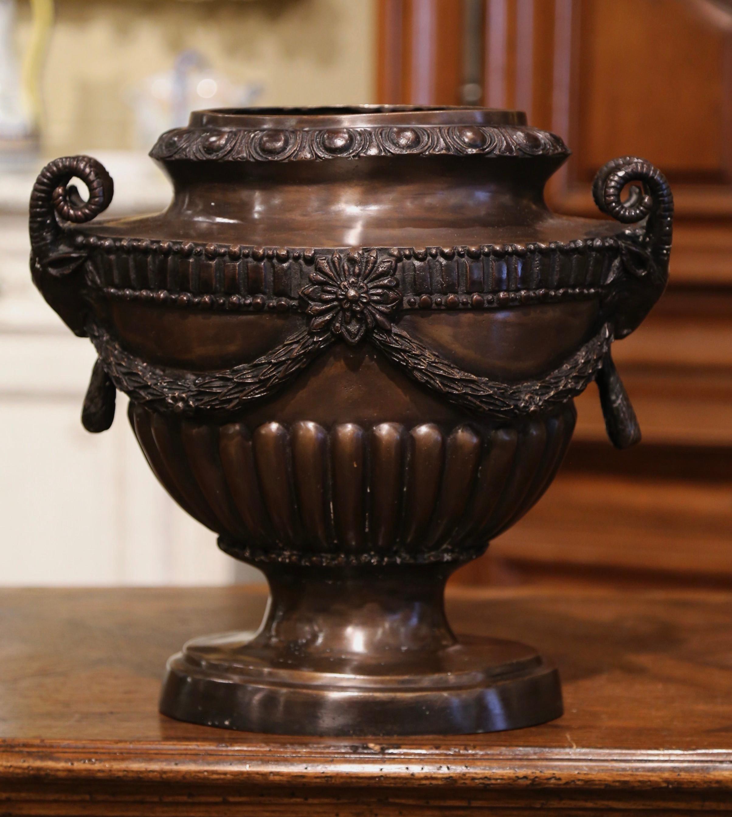 Hand-Crafted Mid-Century French Classical Patinated Bronze Urn with Ram Head Handles