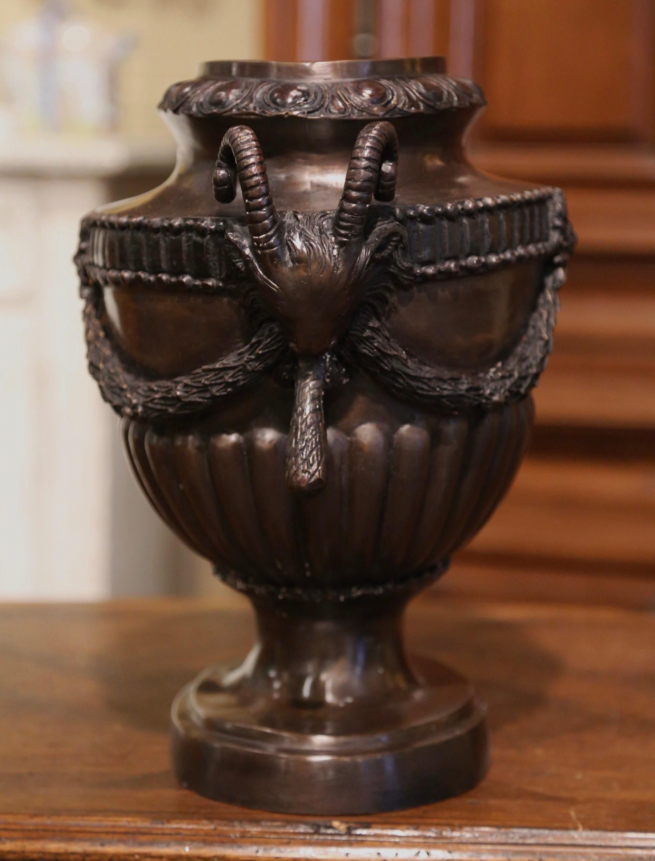 Mid-Century French Classical Patinated Bronze Urn with Ram Head Handles In Excellent Condition In Dallas, TX