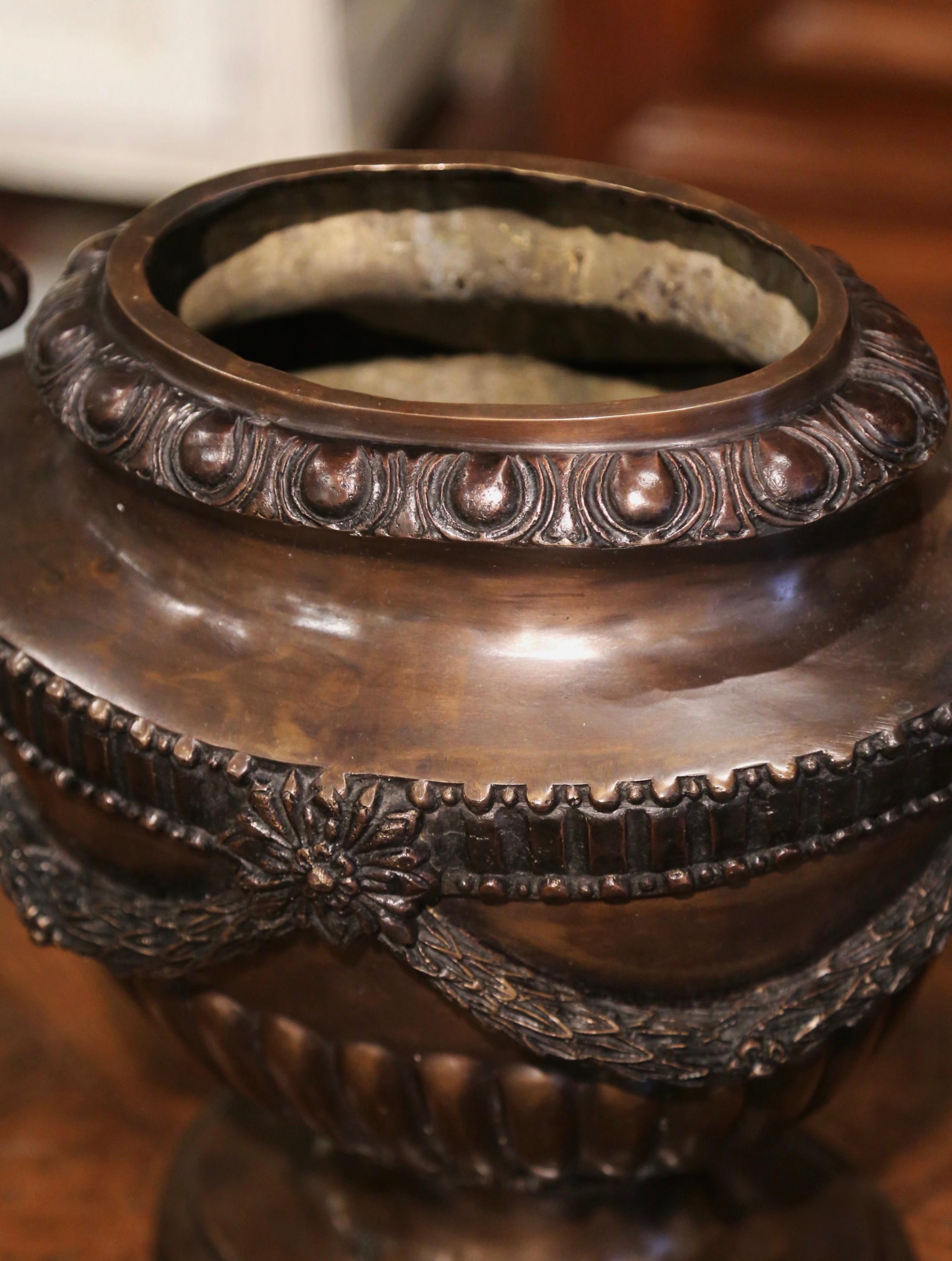 20th Century Mid-Century French Classical Patinated Bronze Urn with Ram Head Handles
