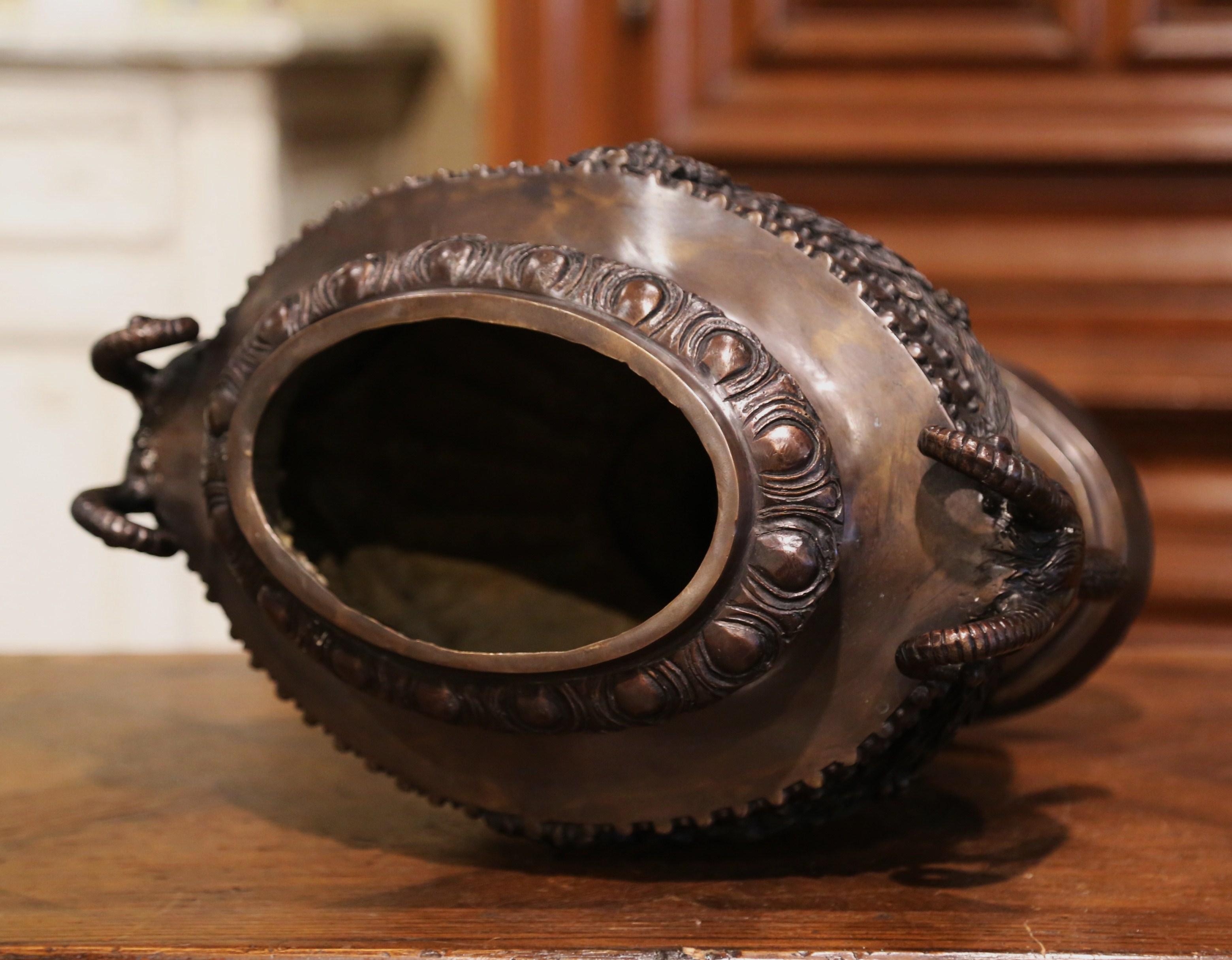 Mid-Century French Classical Patinated Bronze Urn with Ram Head Handles 1