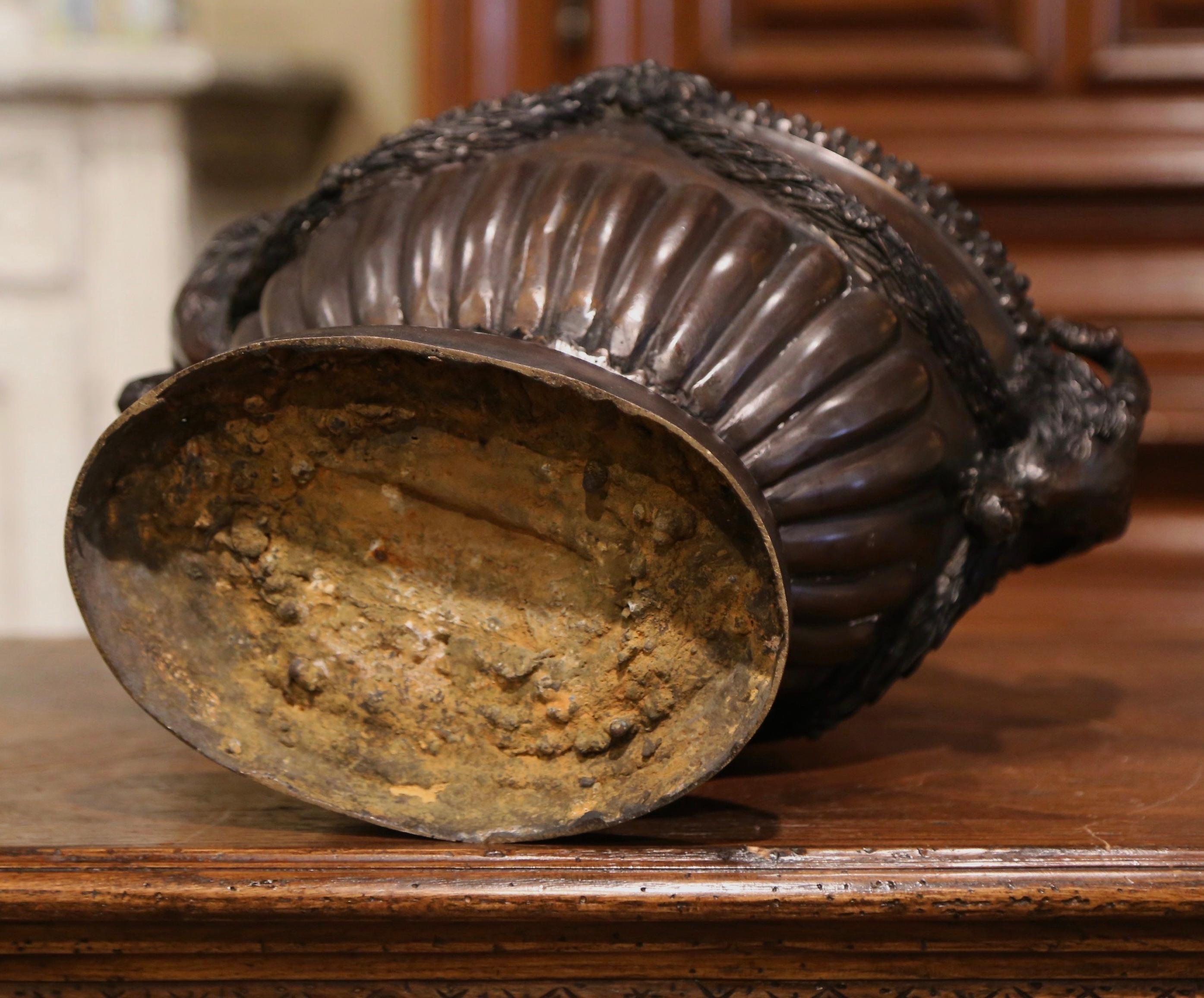 Mid-Century French Classical Patinated Bronze Urn with Ram Head Handles 2
