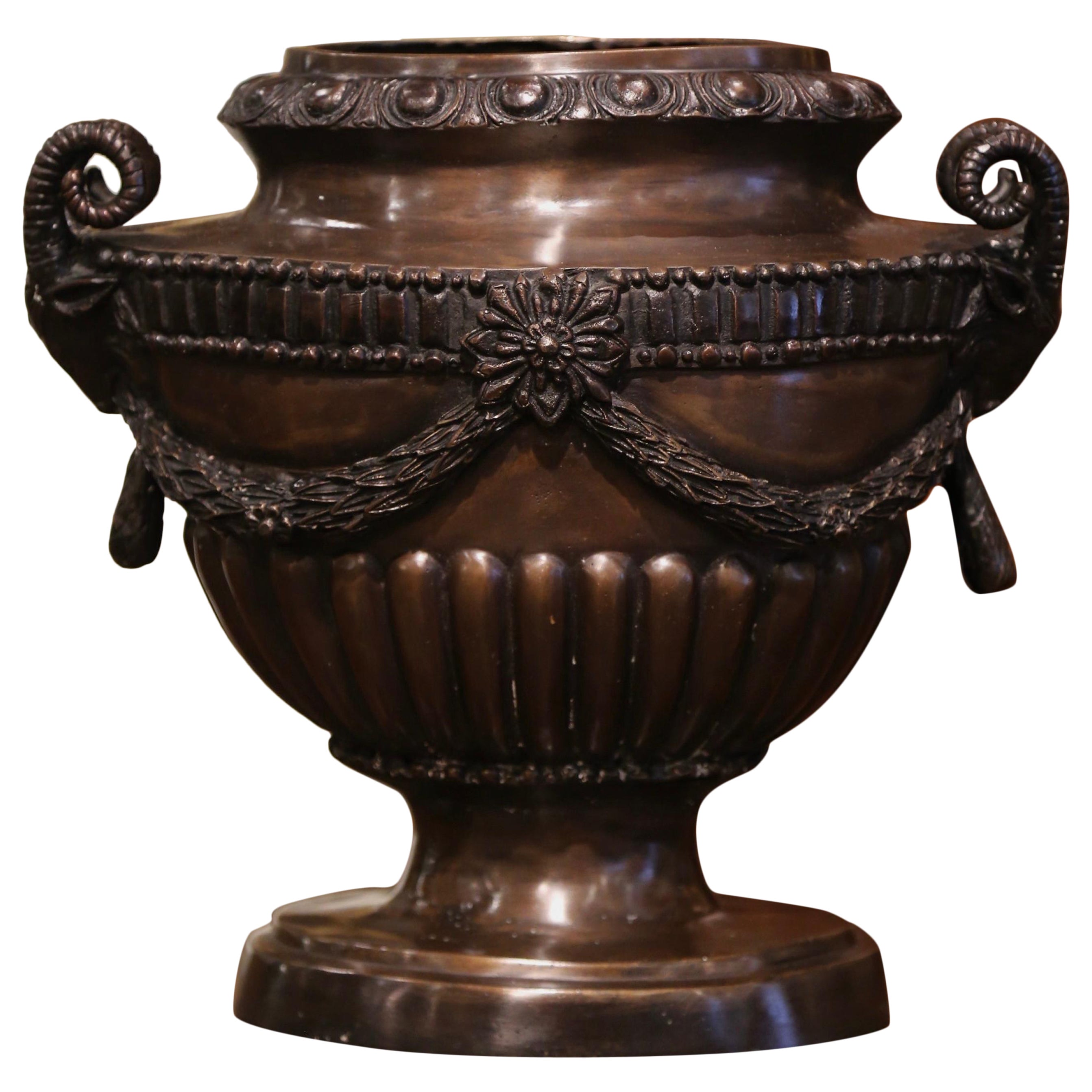 Mid-Century French Classical Patinated Bronze Urn with Ram Head Handles