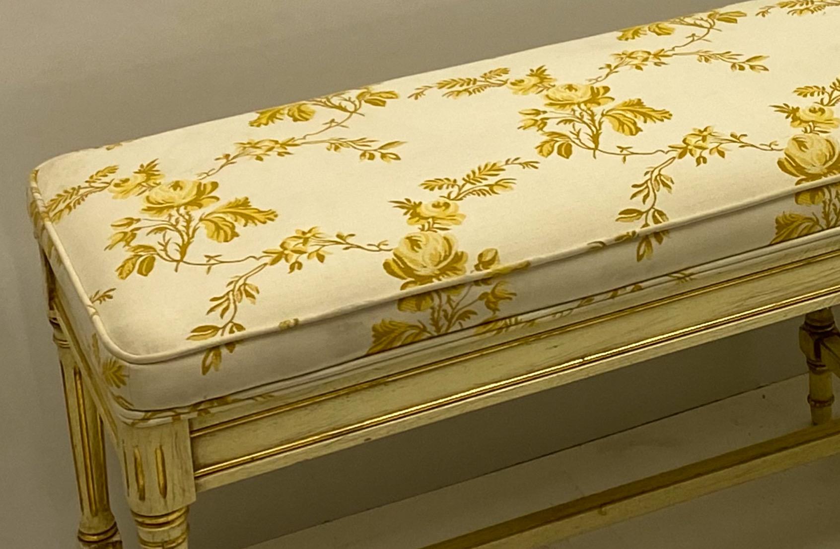 French Provincial Midcentury French Claude Moulin Floral Upholstered Bench / Ottoman