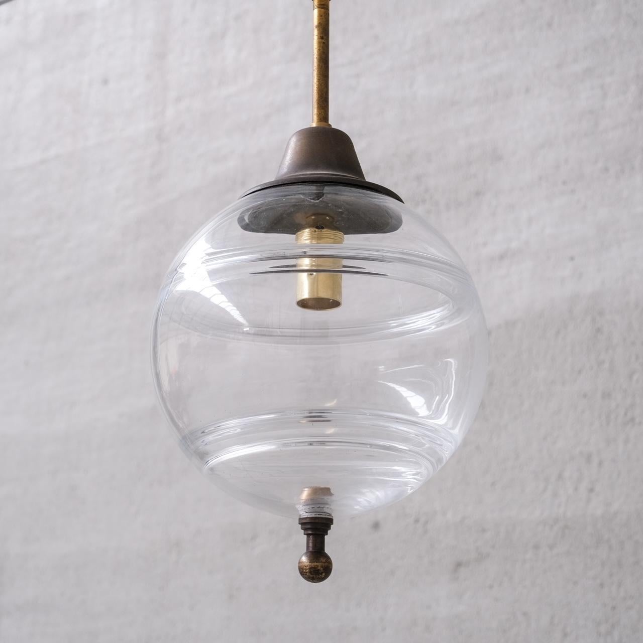 Mid-Century French Clear Glass and Brass Pendant Light For Sale 1