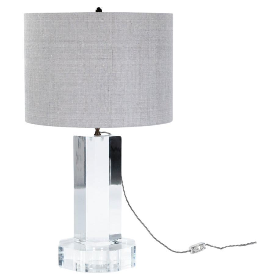 Mid-Century French Clear Acylic-Glass Table Lamp Grey Colored Silk Shade 1960s For Sale