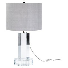Retro Mid-Century French Clear Acylic-Glass Table Lamp Grey Colored Silk Shade 1960s