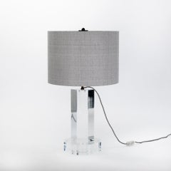 Mid-Century French Clear Acylic-Glass Table Lamp Grey Colored Silk Shade 1960s