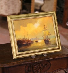 Mid-Century French Coastal Oil Painting in Gilt Frame Signed Georges Quintaine