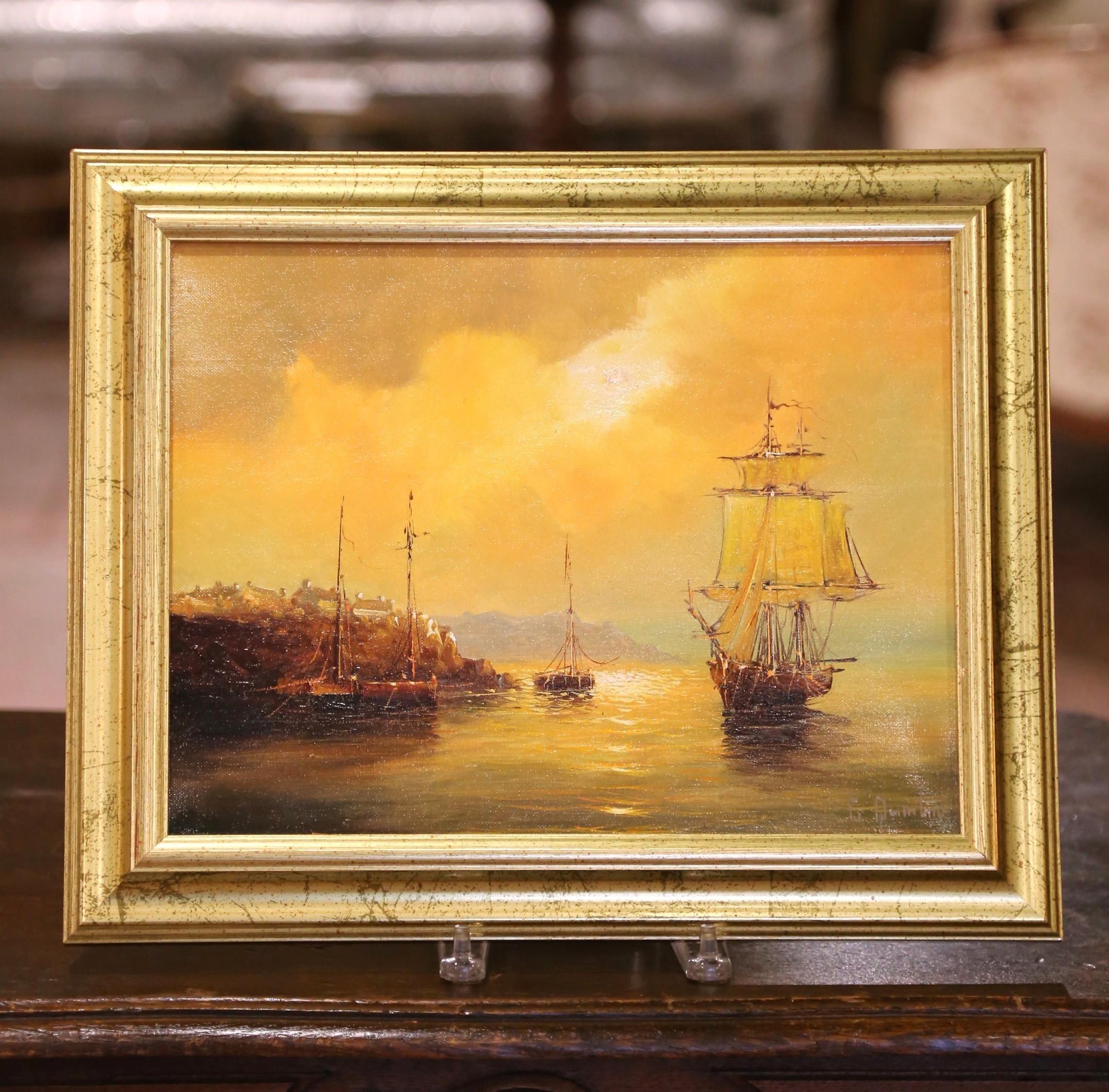 Peinture à l'huile du milieu du siècle dans un cadre doré signée Georges Quintaine Excellent état - En vente à Dallas, TX