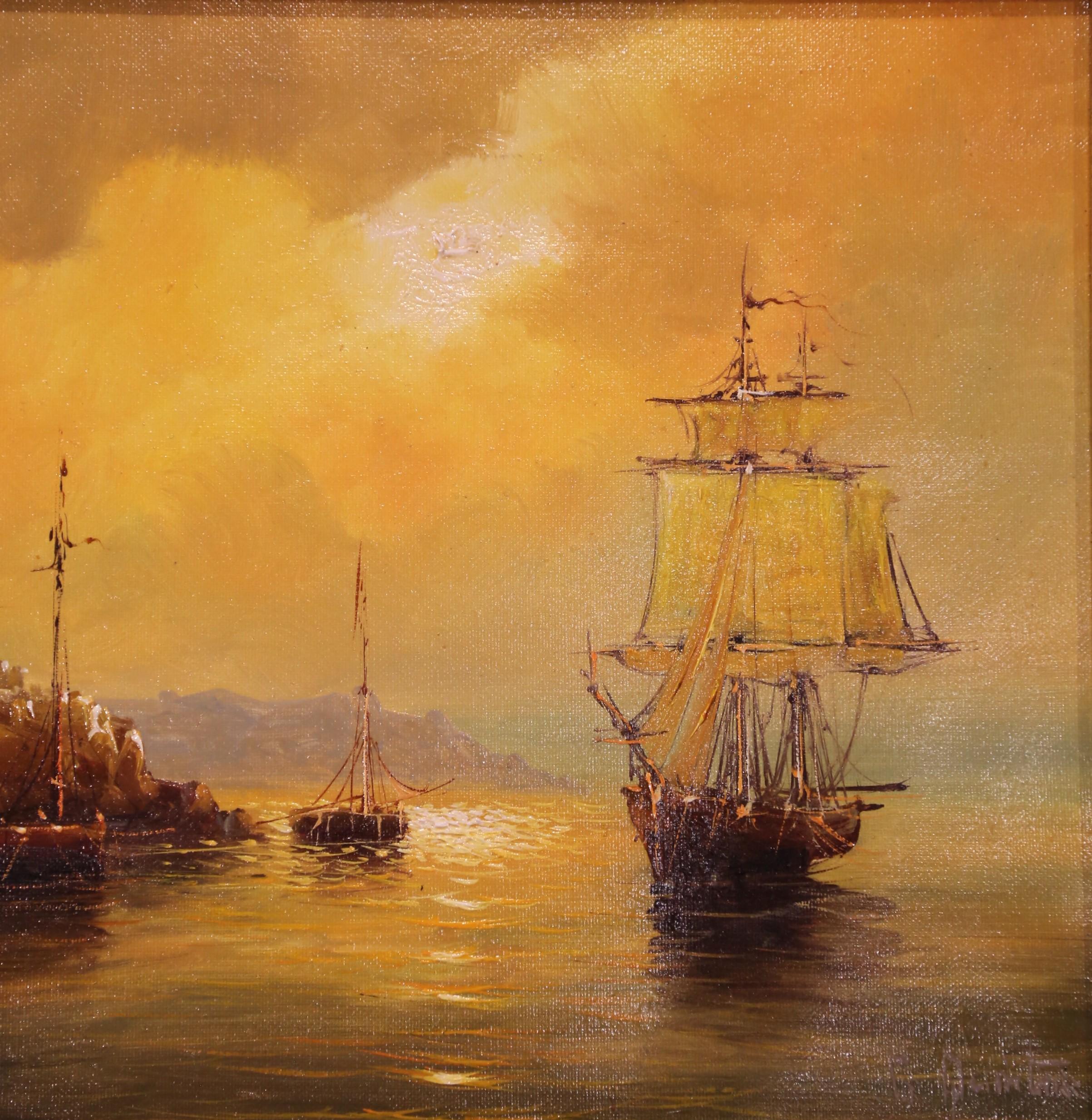 Toile Peinture à l'huile du milieu du siècle dans un cadre doré signée Georges Quintaine en vente