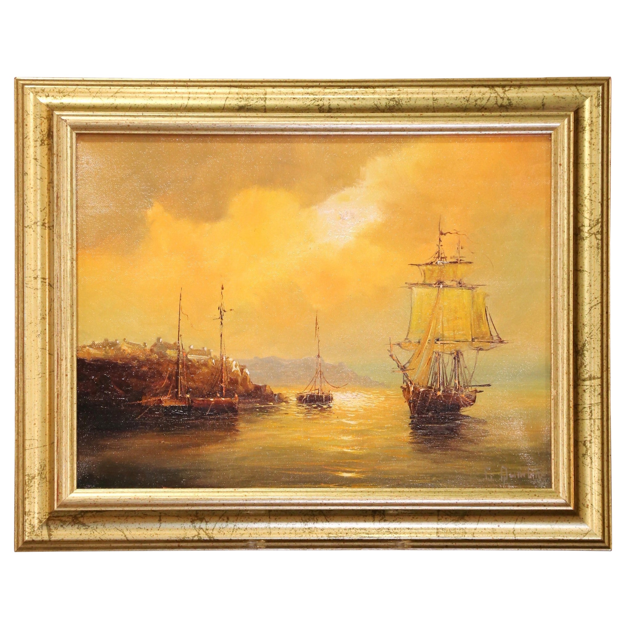 Peinture à l'huile du milieu du siècle dans un cadre doré signée Georges Quintaine en vente