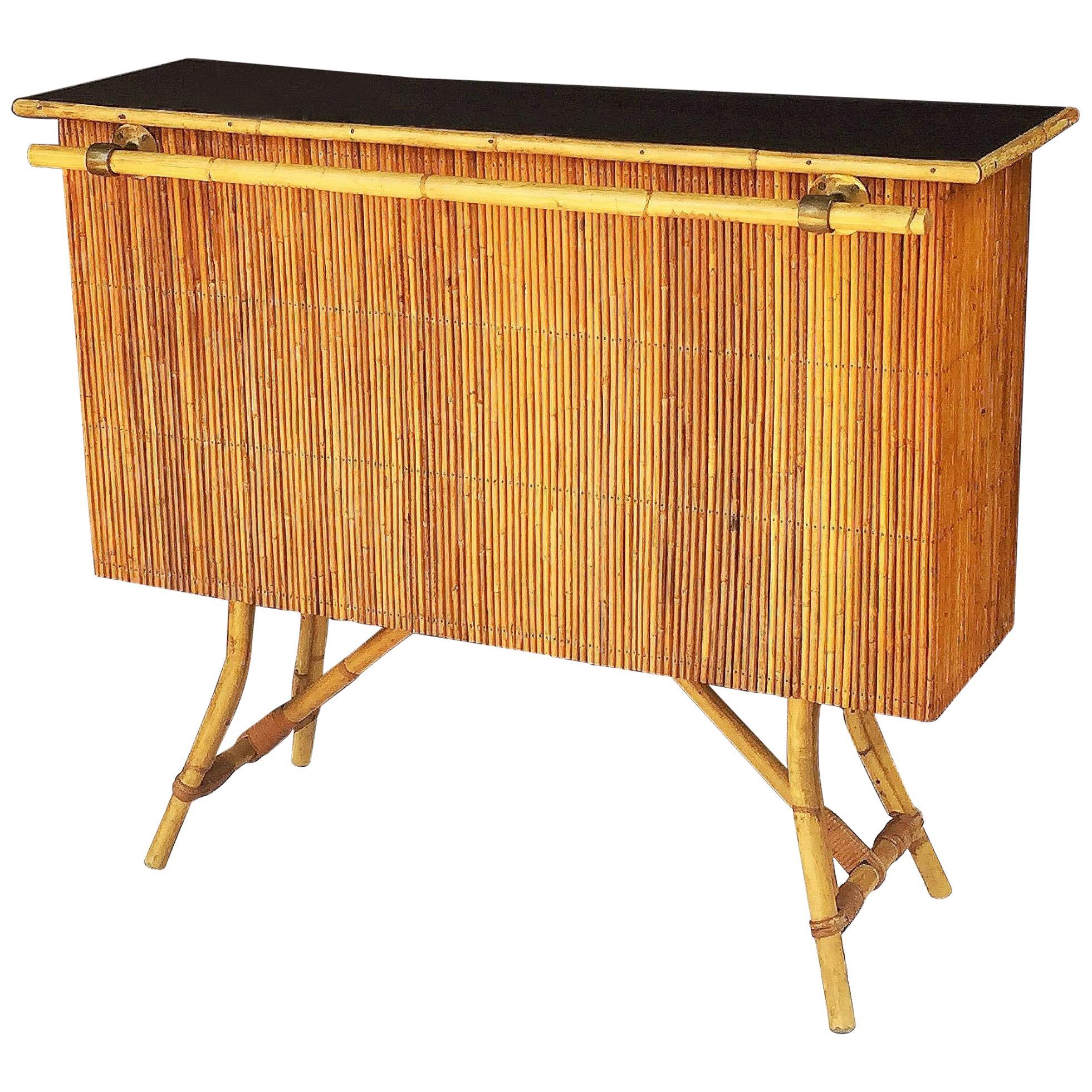 Mid-Century French Cocktail Bar of Rattan with Lacquered Top 'Louis Sognot'