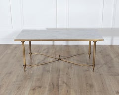 Mid-Century French Coffee Table by Maison Baguès with White Marble Top and Brass