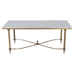 Mid-Century French Coffee Table by Maison Baguès with White Marble Top and Brass