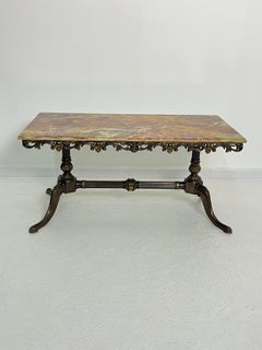 Mid-century French Coffee Table with marble top and ornate bronze base, 1950s