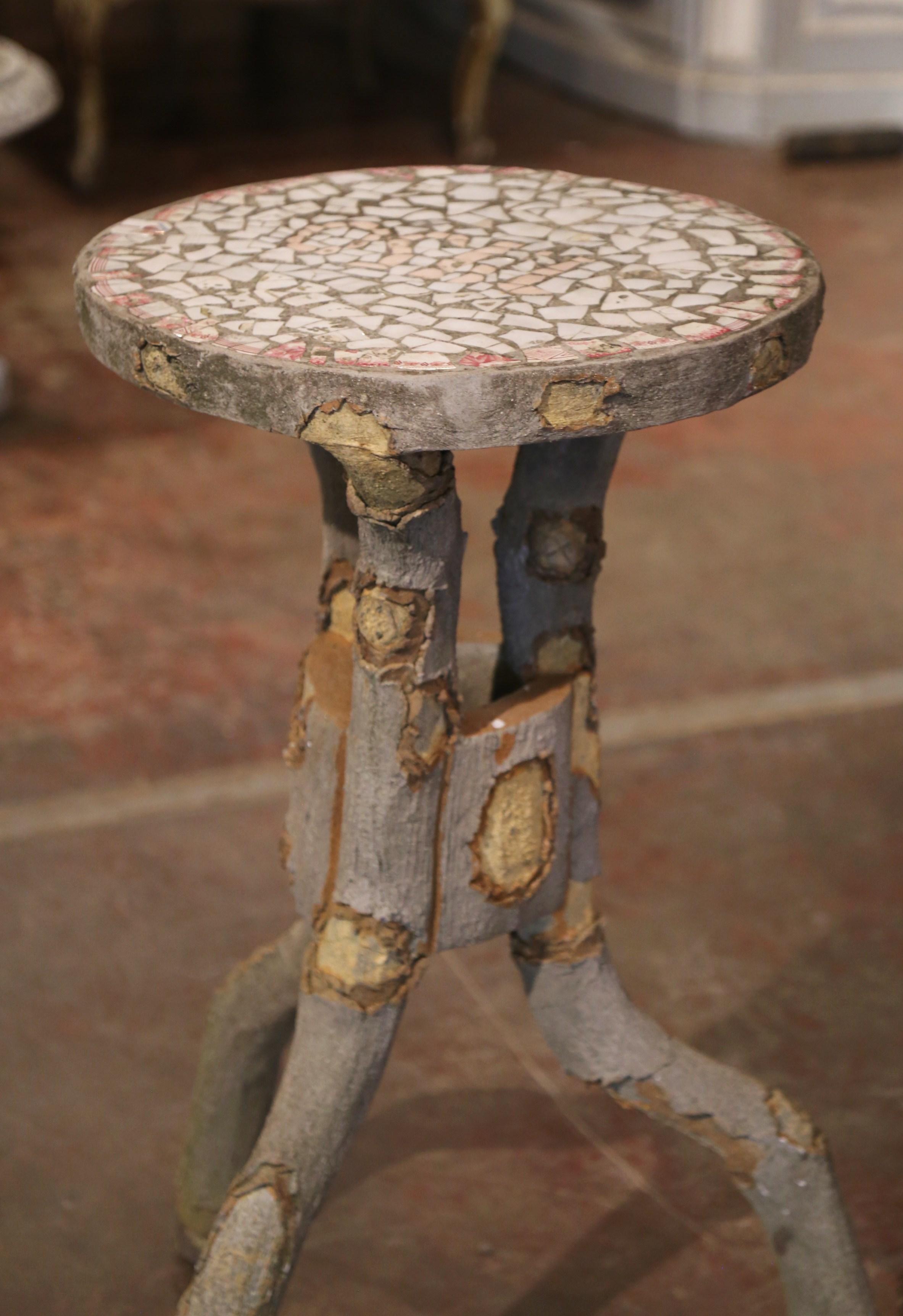 Mid-Century French Concrete and Mosaic Top Branch Form Outdoor Table Dated 1950 In Excellent Condition For Sale In Dallas, TX