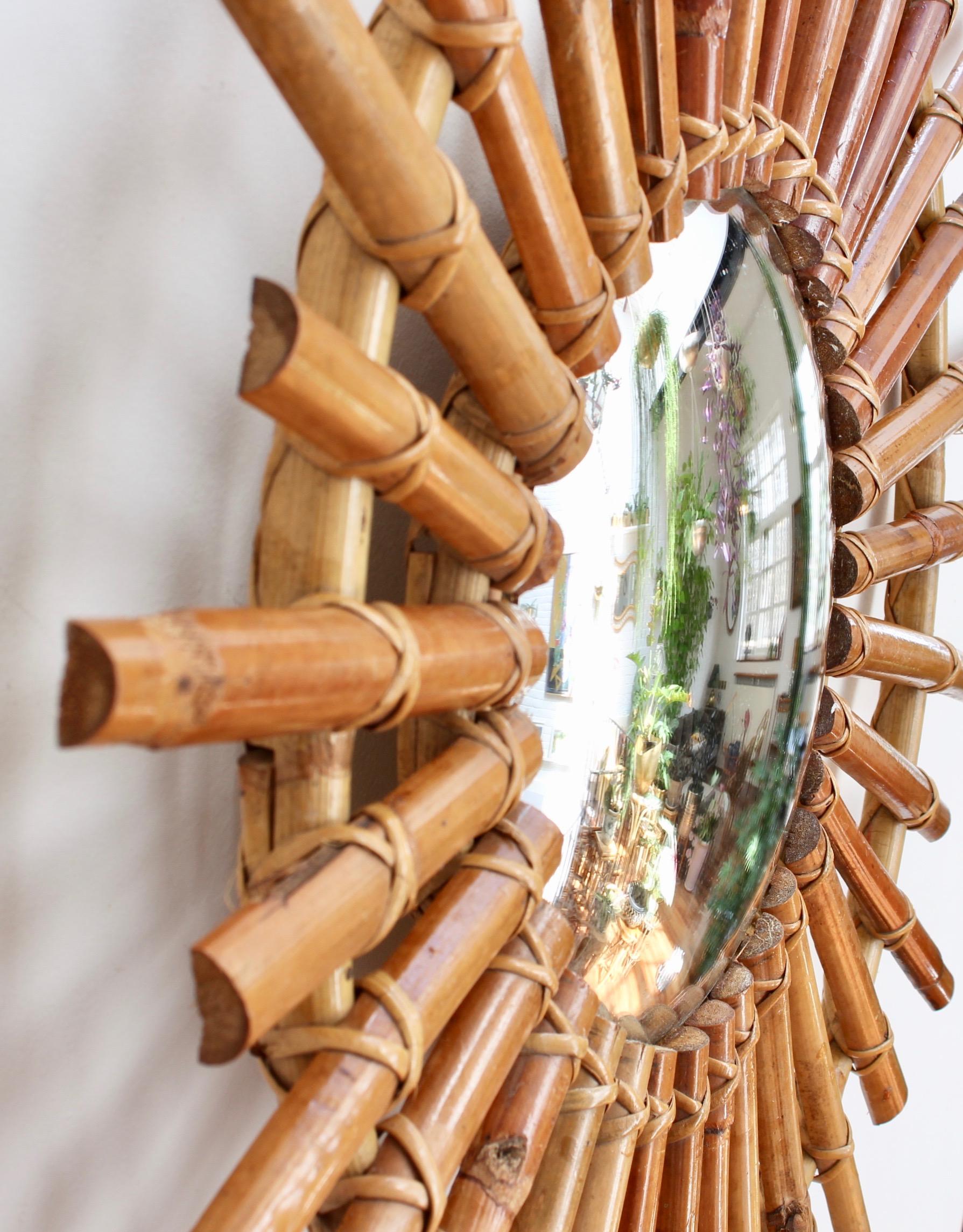 Midcentury French Convex Sunburst Bamboo Mirror, circa 1960s 14