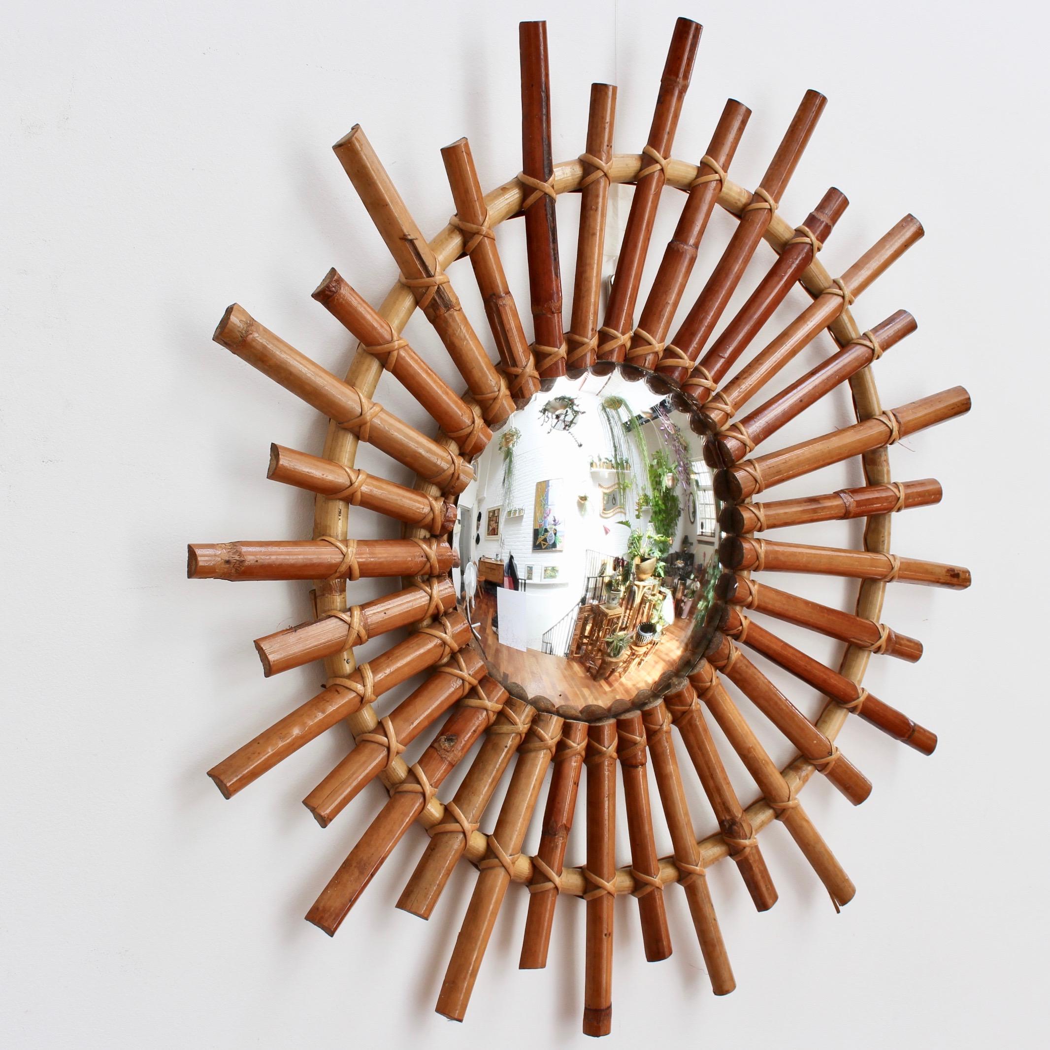 Mid-Century Modern Midcentury French Convex Sunburst Bamboo Mirror, circa 1960s