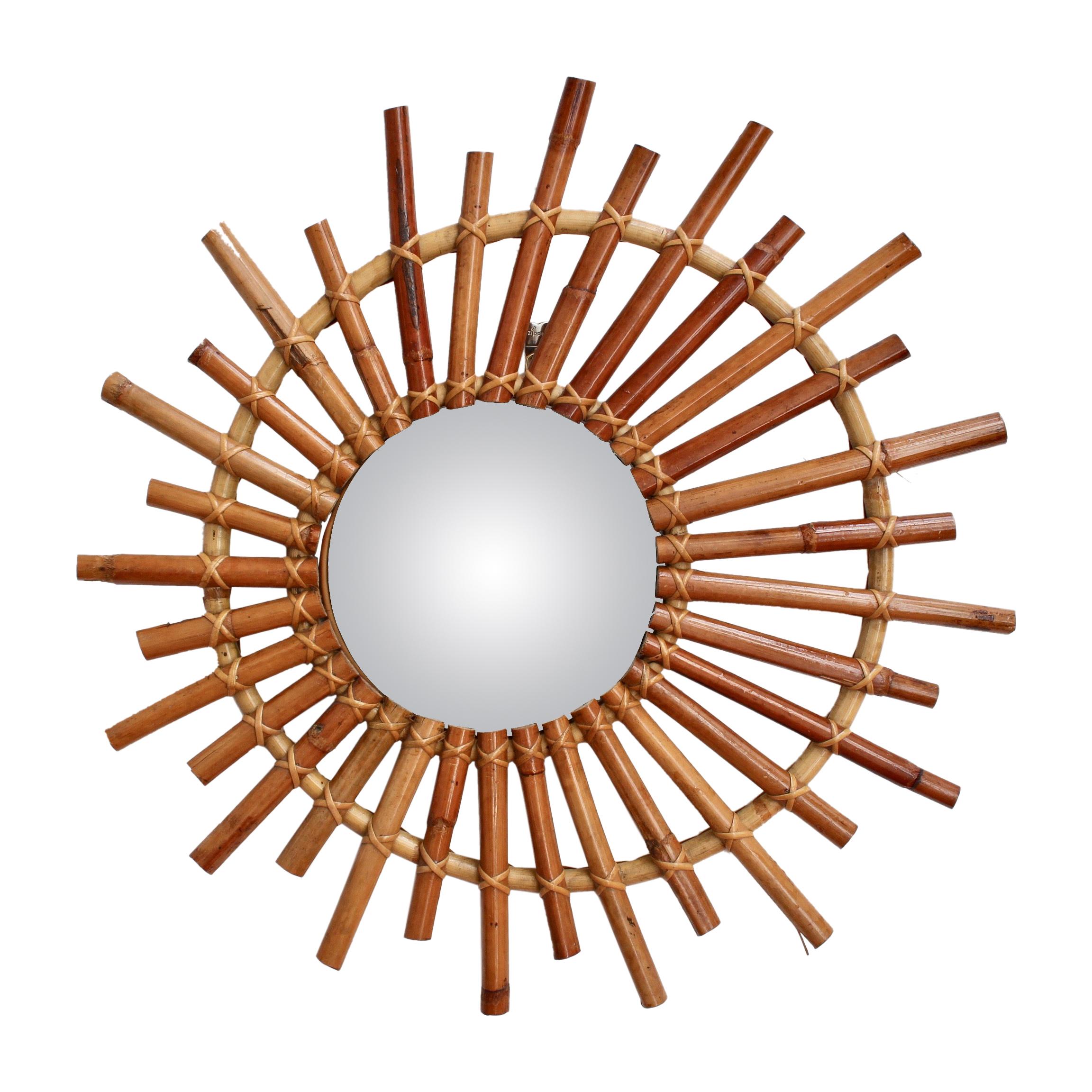 Midcentury French Convex Sunburst Bamboo Mirror, circa 1960s