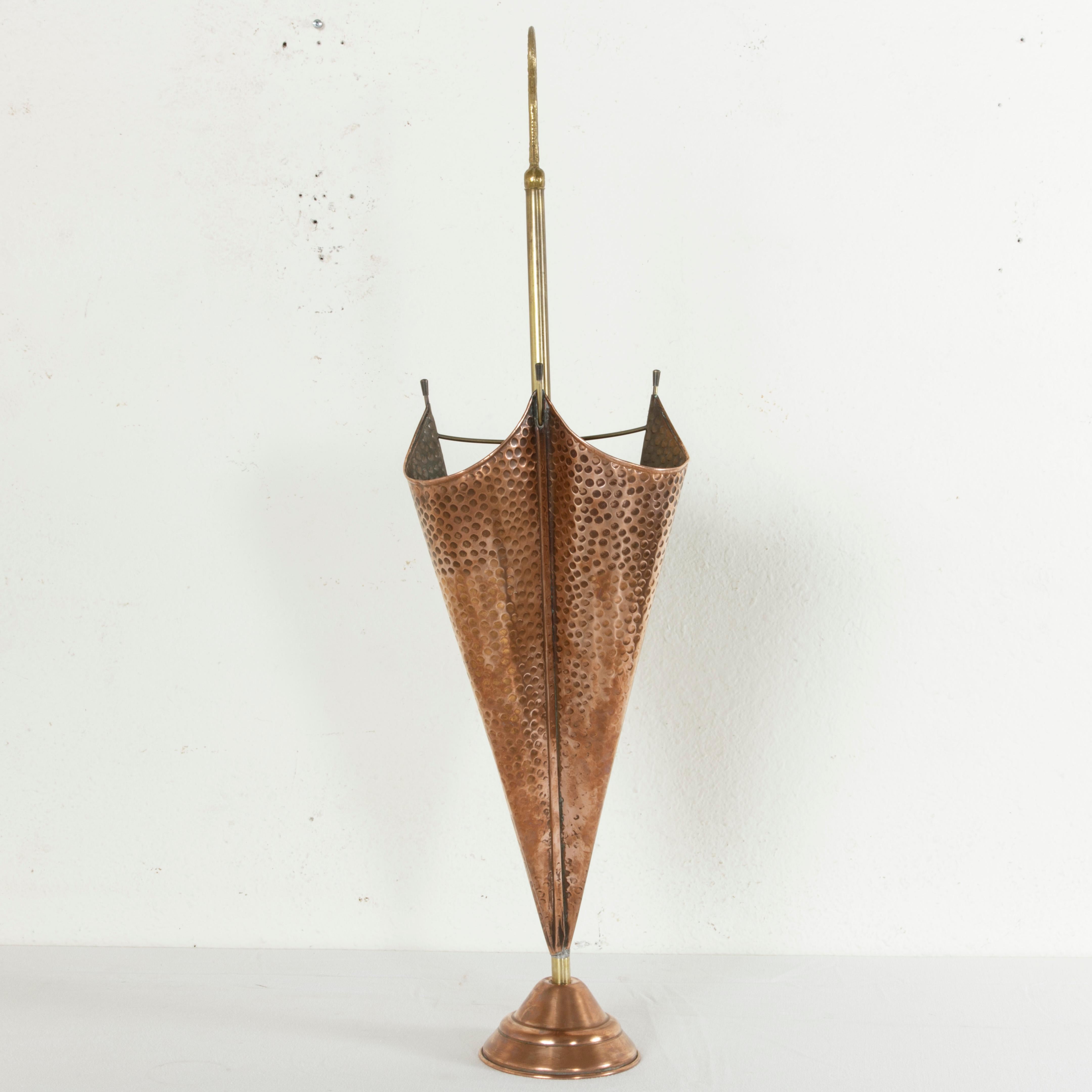Midcentury French Copper and Brass Umbrella Holder, Umbrella Stand, Stick Stand In Good Condition In Fayetteville, AR