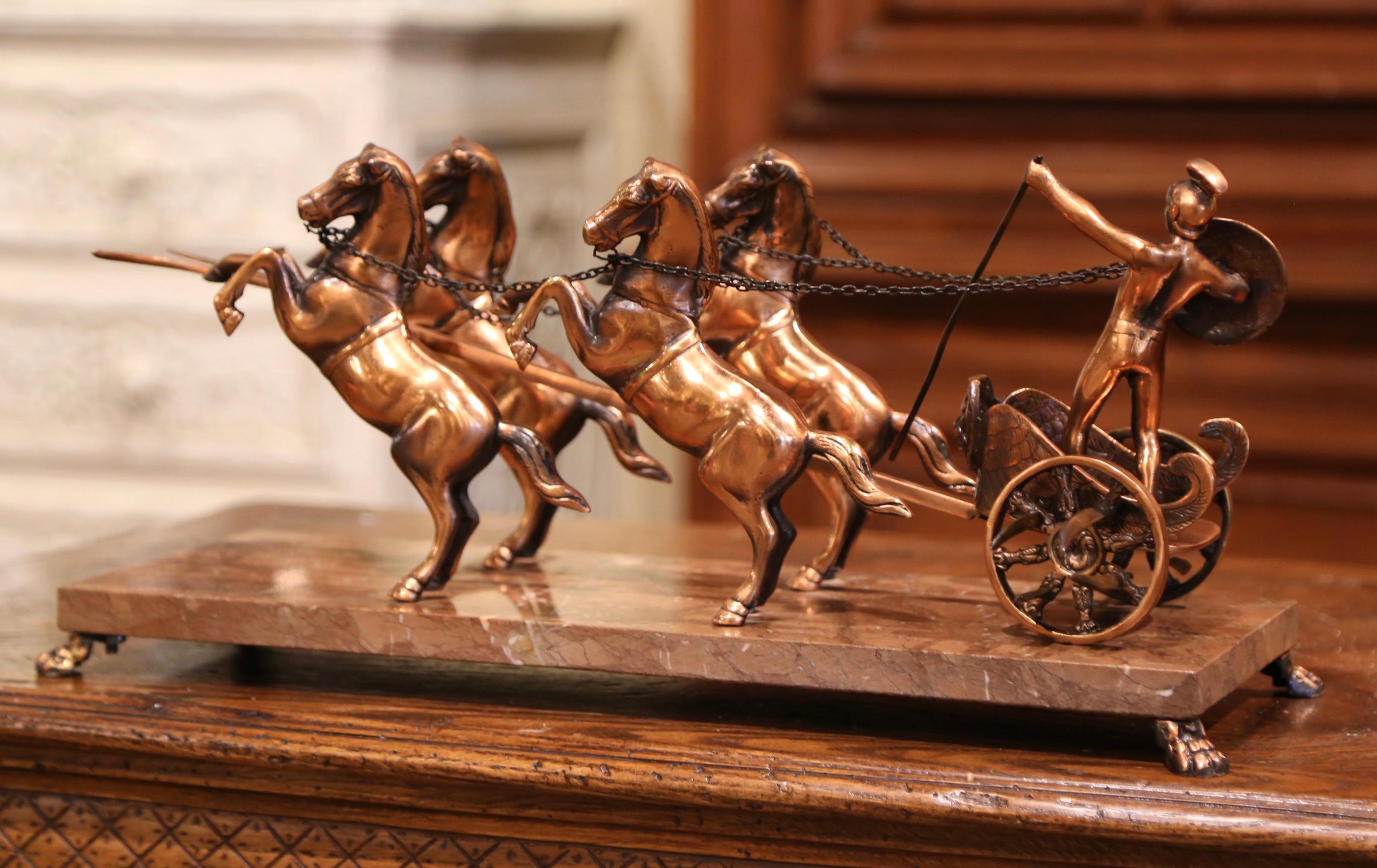 Hand-Crafted Midcentury French Copper, Brass and Marble Roman Empire Racing Chariot For Sale