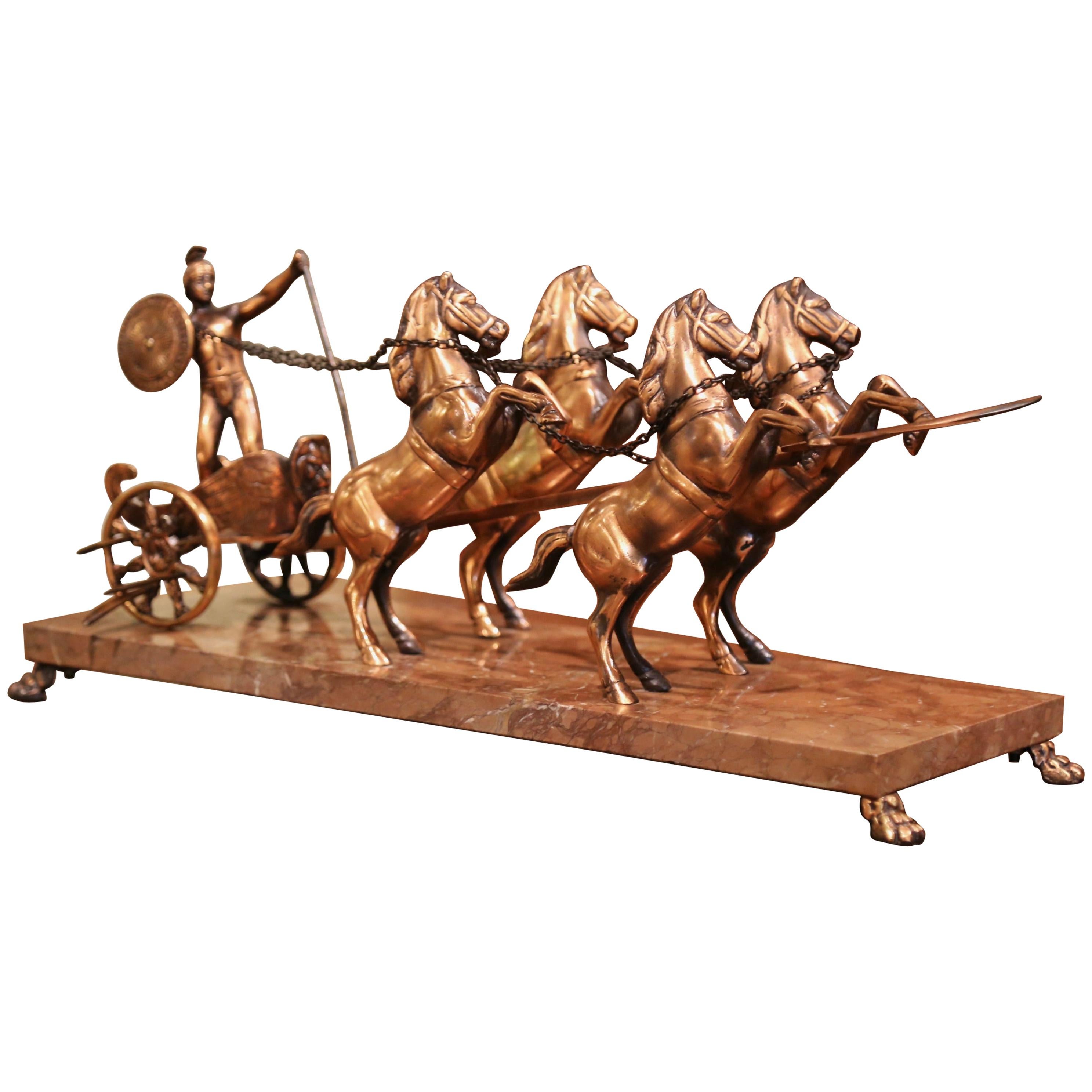 Midcentury French Copper, Brass and Marble Roman Empire Racing Chariot For Sale