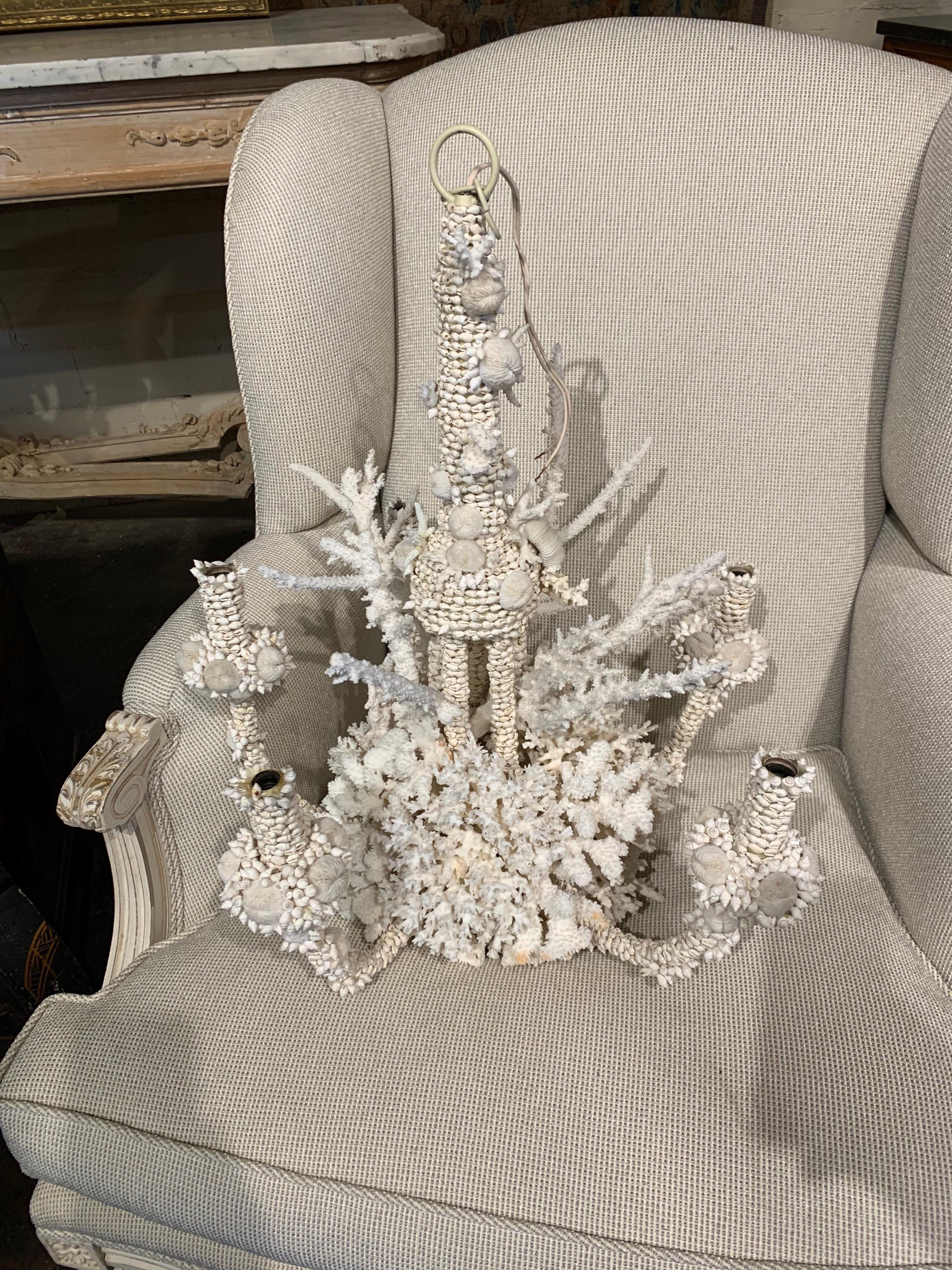 Midcentury French Coral and Seashell Chandelier In Good Condition In Dallas, TX