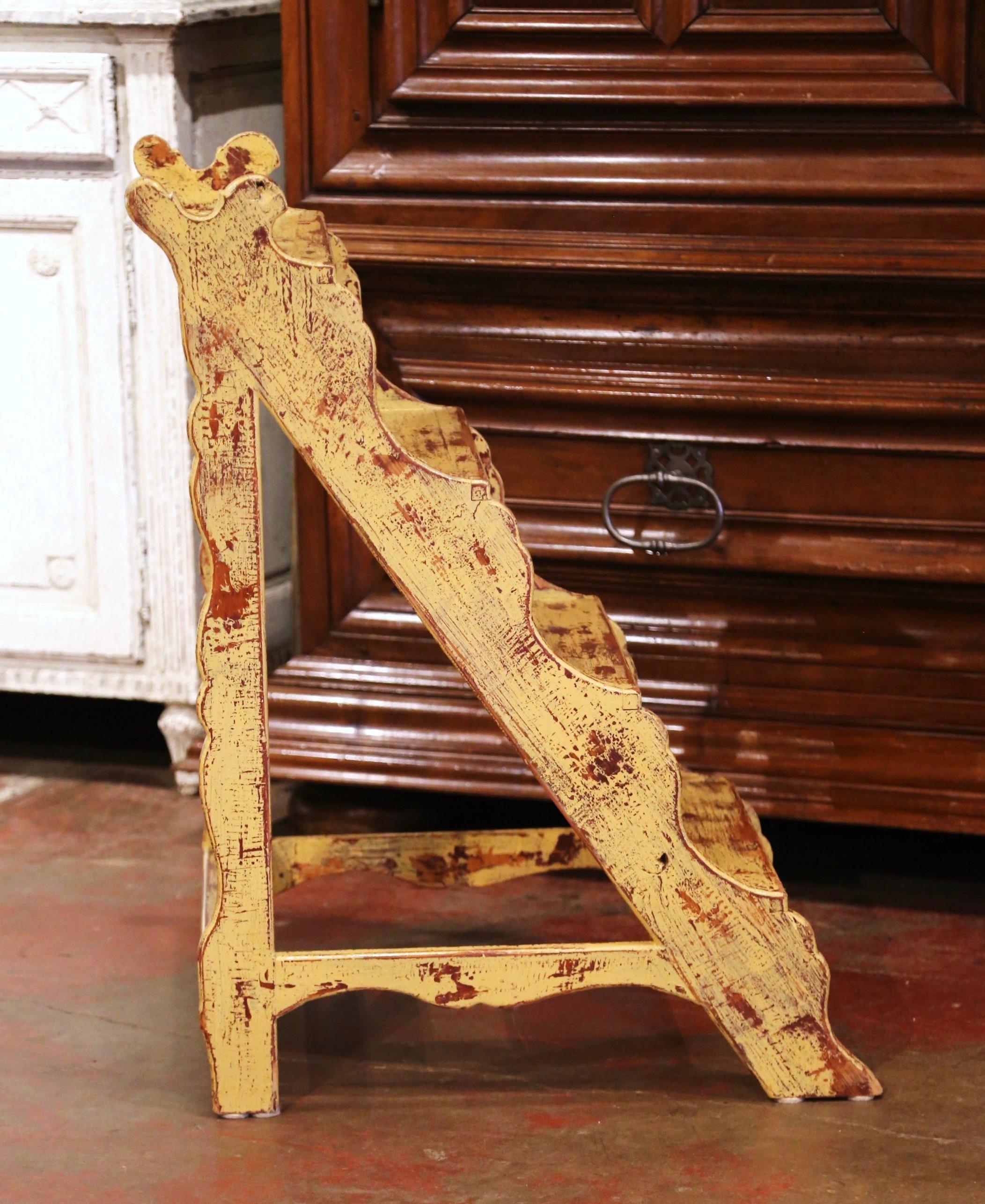 Mid-Century French Country Carved and Painted Pine Library Step Ladder 3