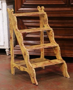 Mid-Century French Country Carved and Painted Pine Library Step Ladder