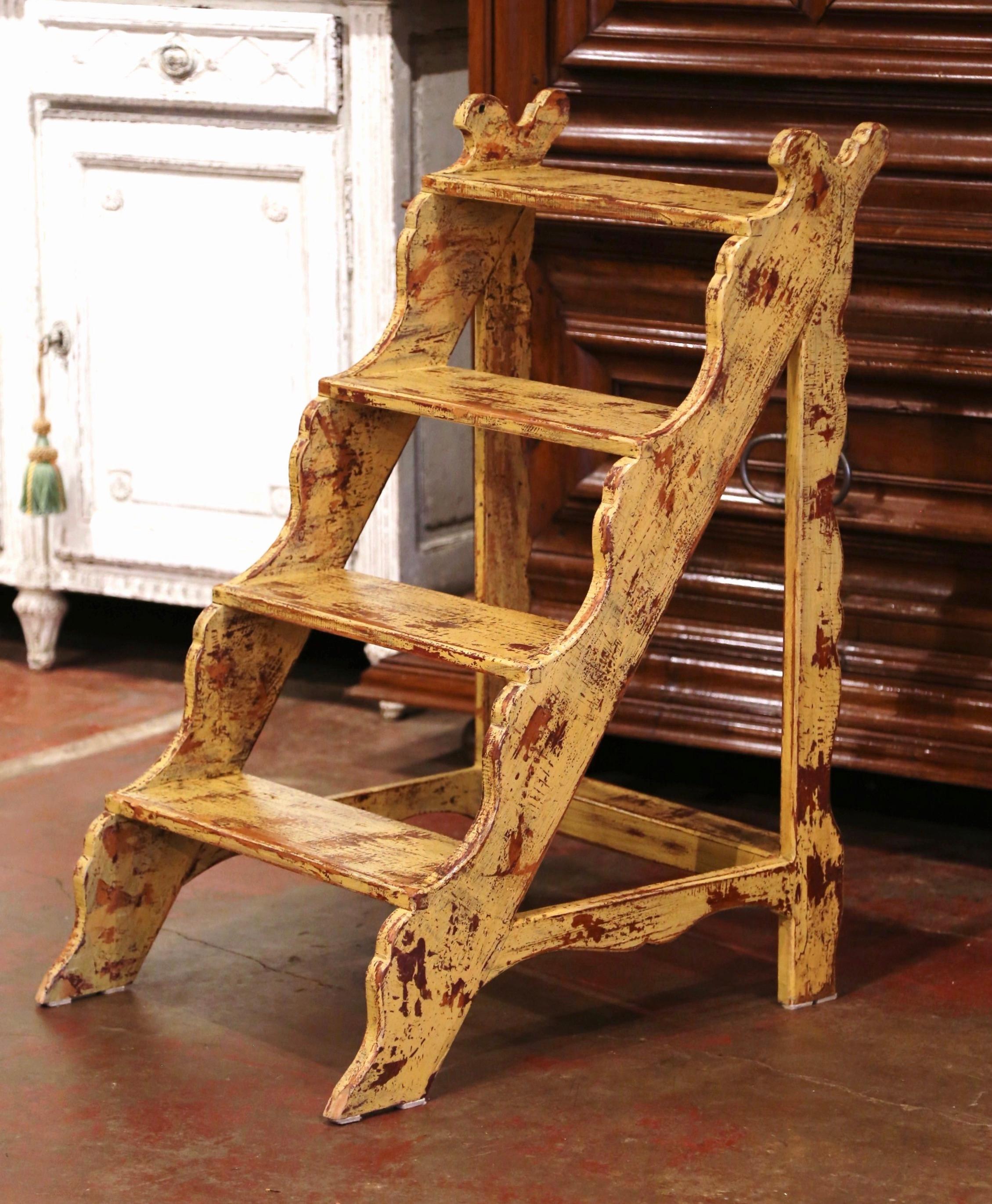 Rustic Mid-Century French Country Carved and Painted Pine Library Step Ladder