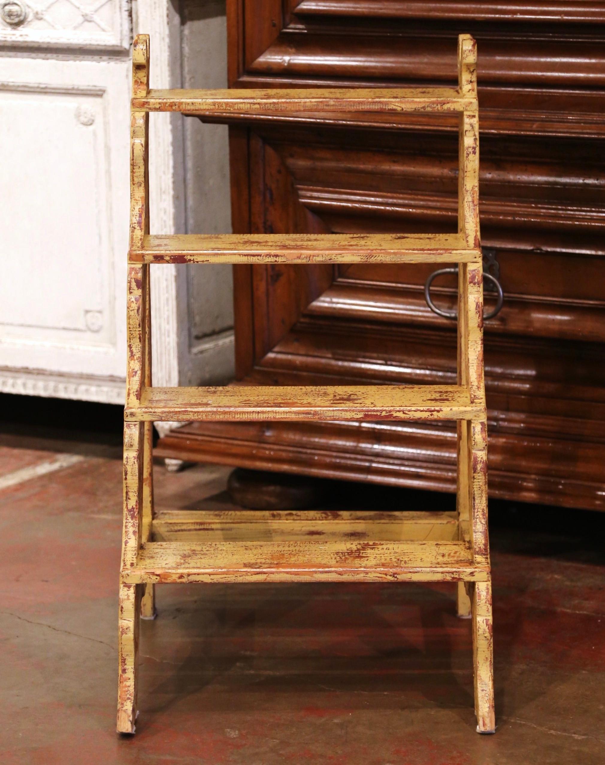 Mid-Century French Country Carved and Painted Pine Library Step Ladder 2