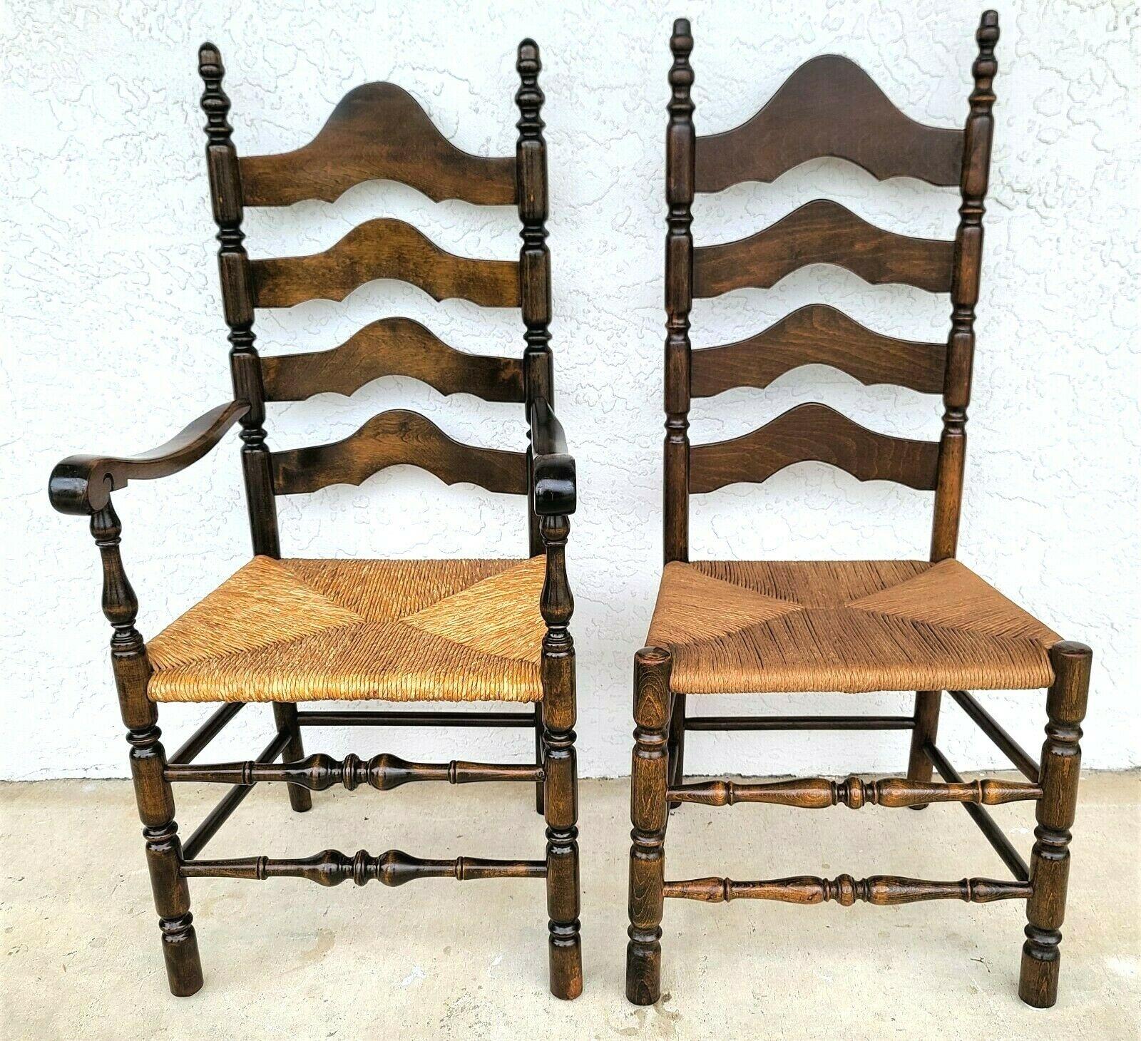 Mid Century French Country Ladder Ribbon Back Rush Seat Dining Chairs - Set of 4 In Good Condition In Lake Worth, FL