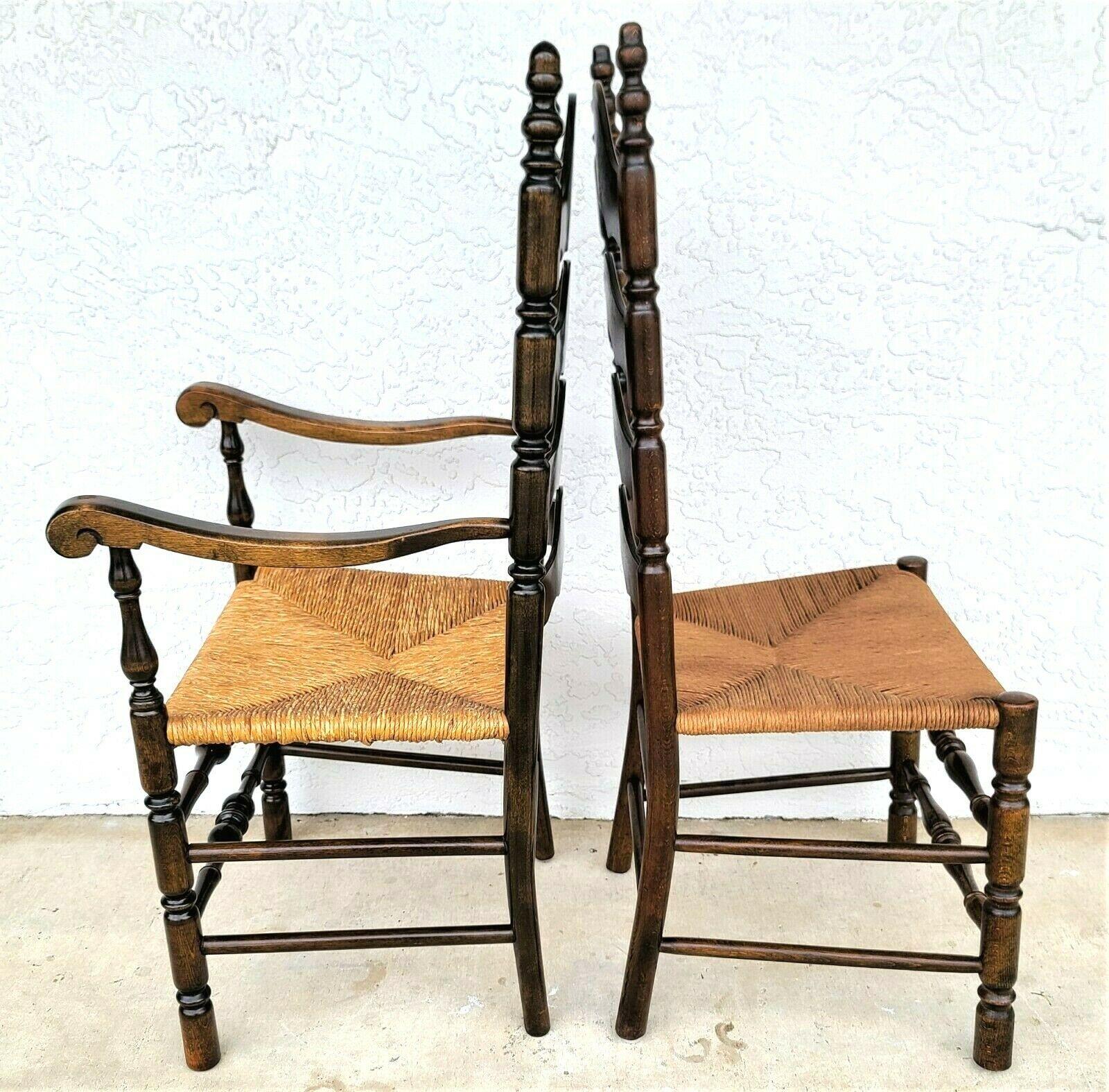20th Century Mid Century French Country Ladder Ribbon Back Rush Seat Dining Chairs - Set of 4