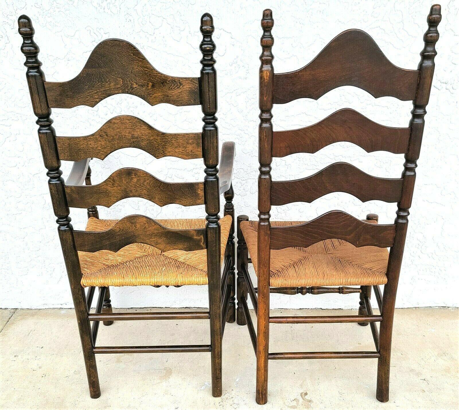 Wood Mid Century French Country Ladder Ribbon Back Rush Seat Dining Chairs - Set of 4
