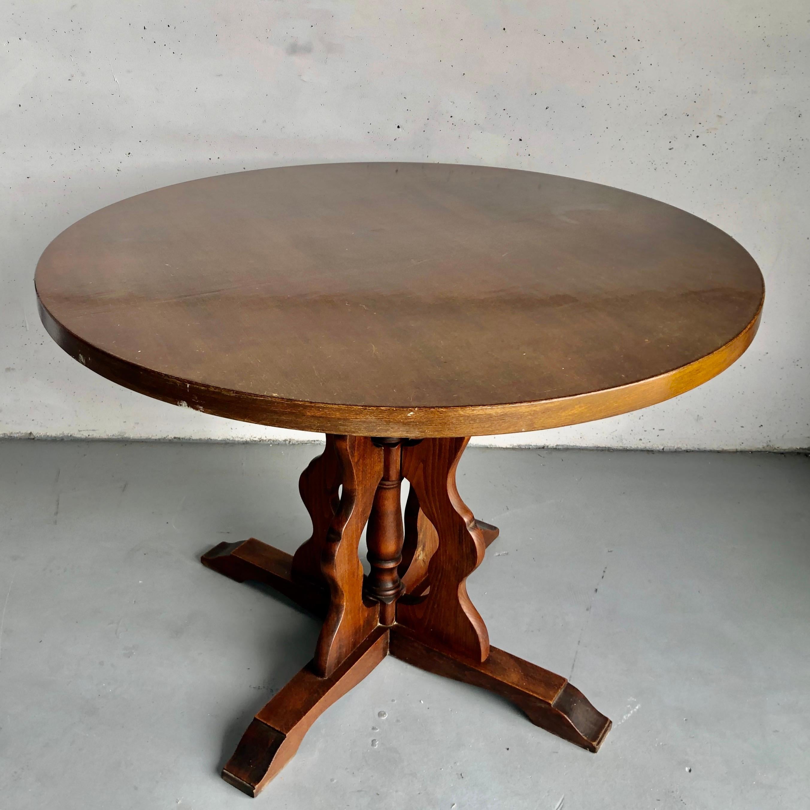 Mid-Century French Country Round Dining Table, Vintage Farmhouse Table For Sale 6