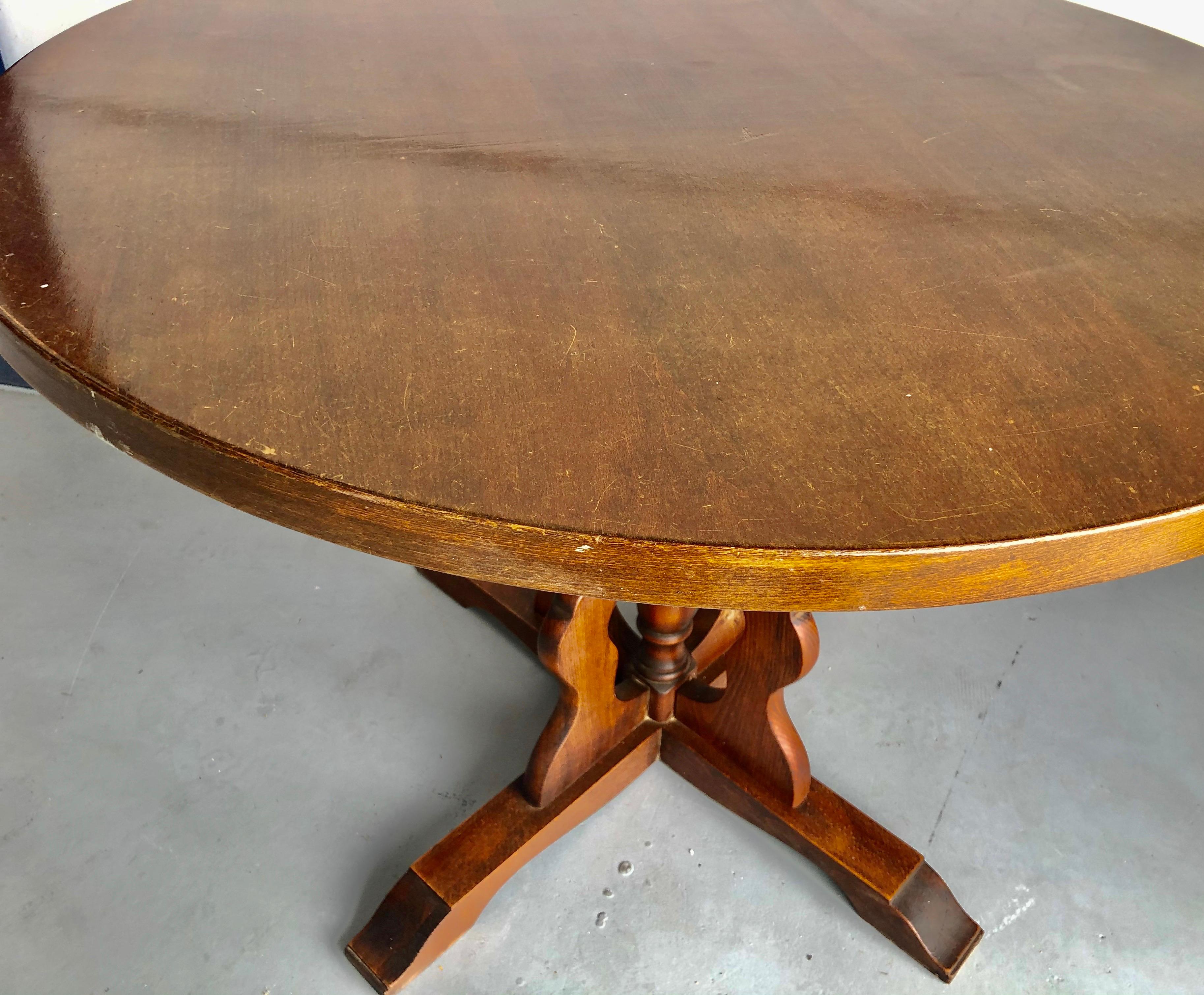 Plywood Mid-Century French Country Round Dining Table, Vintage Farmhouse Table For Sale