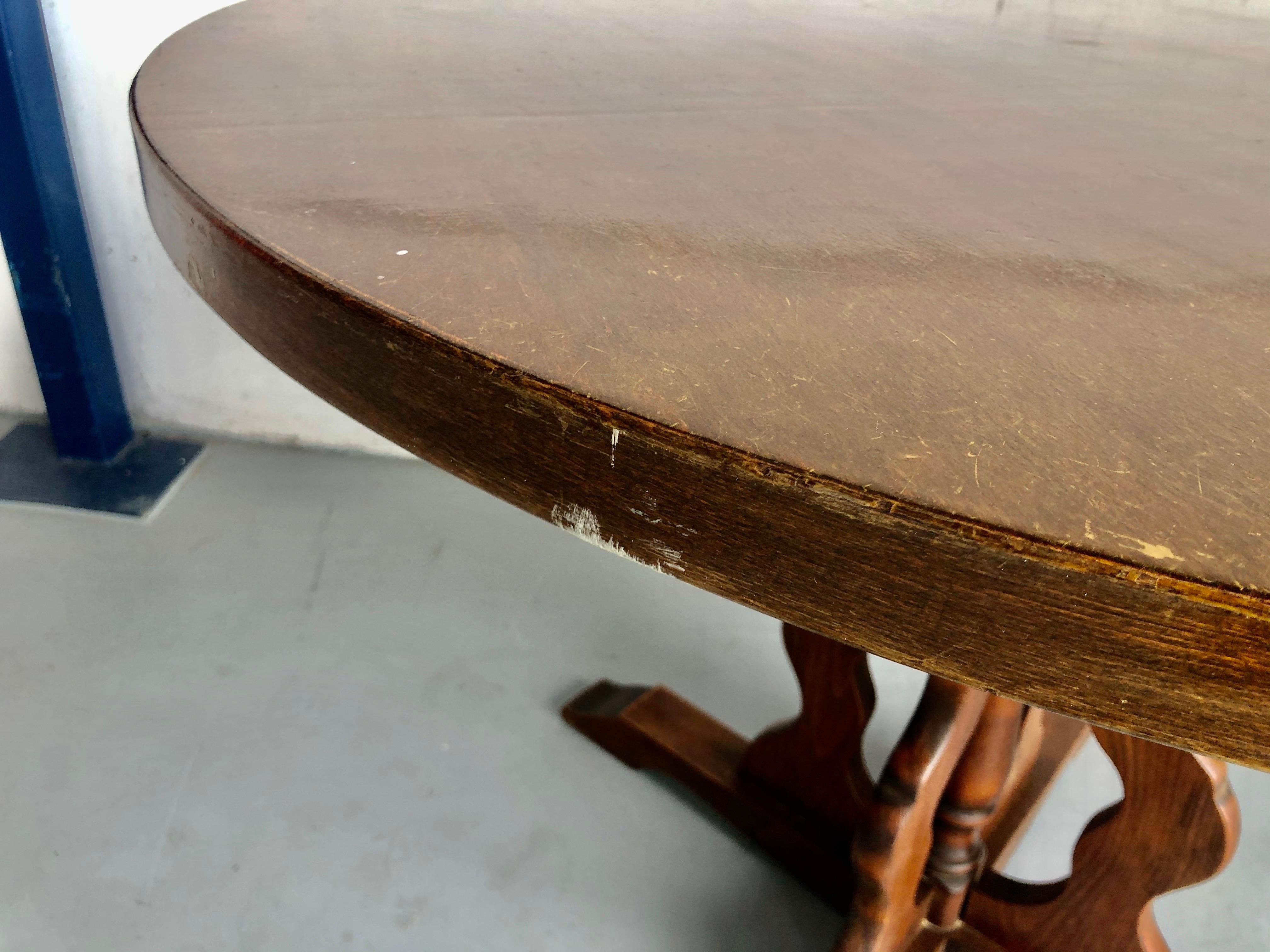 Mid-Century French Country Round Dining Table, Vintage Farmhouse Table For Sale 1