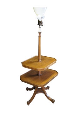 Mid Century French Country Walnut Tiered 3 Light Torchiere Floor Lamp End Table